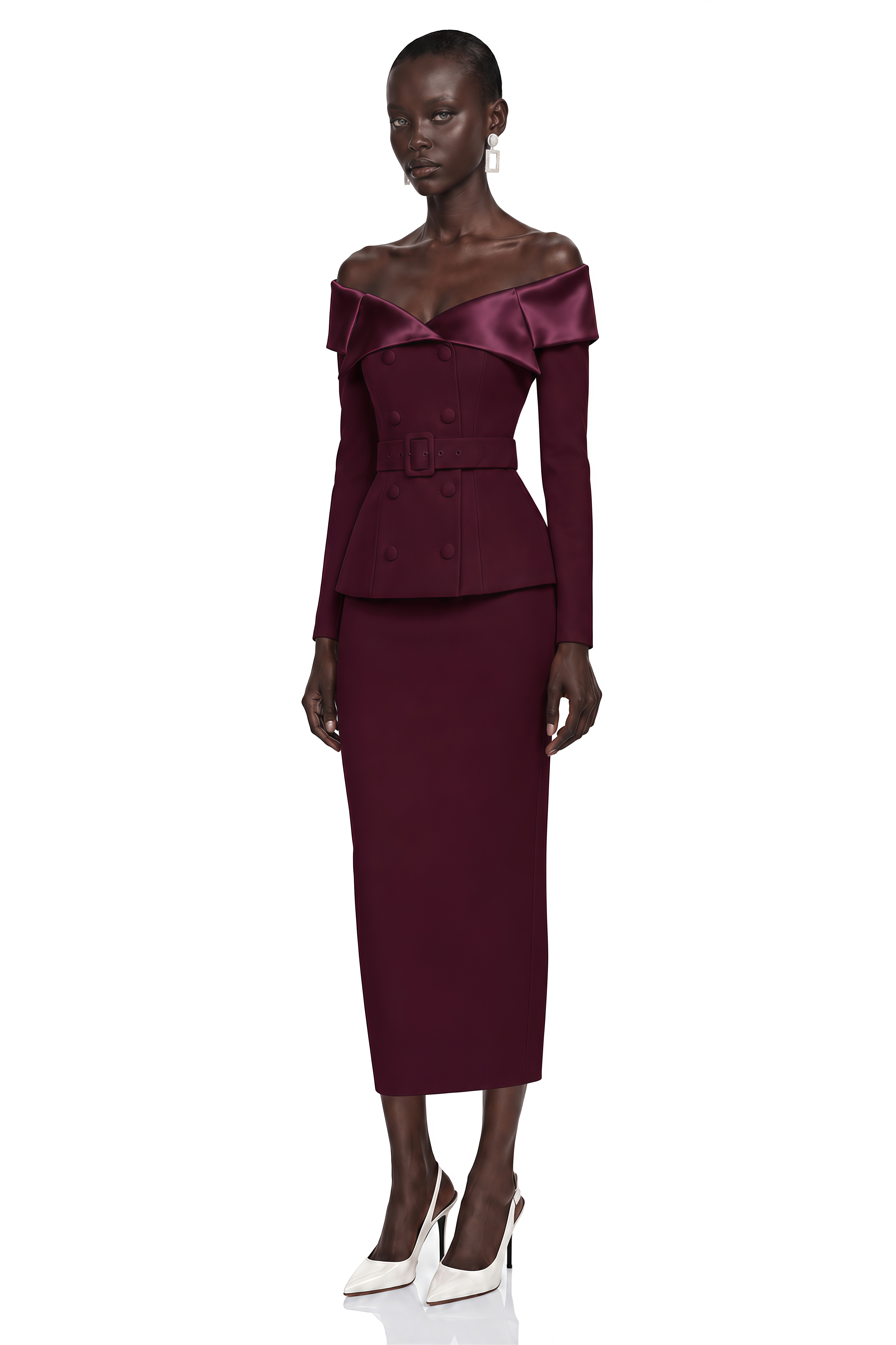 Maristella Burgundy Off Shoulder Belted Blazer & Midi Skirt Set
