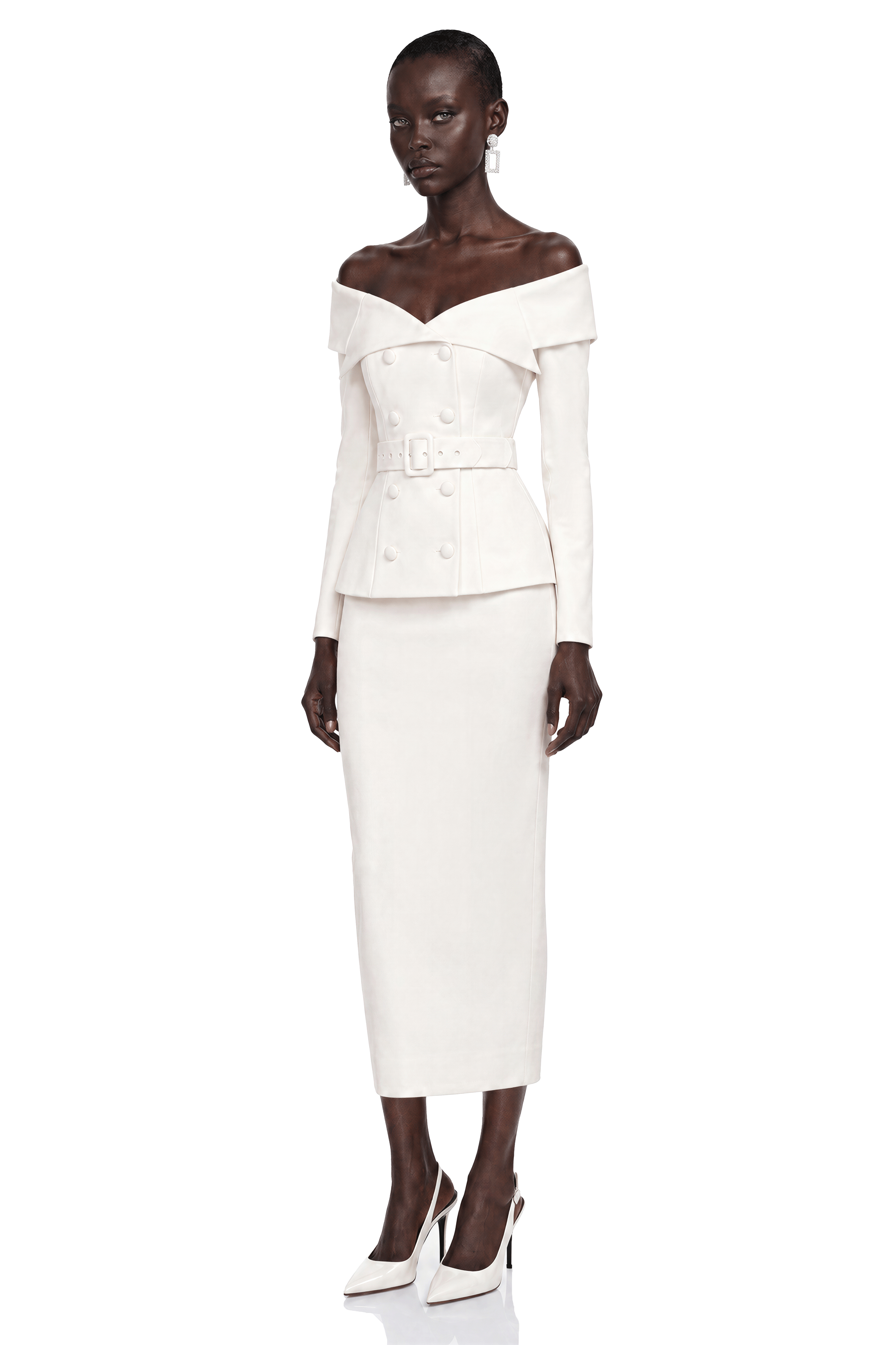 Maristella White Off Shoulder Belted Blazer & Midi Skirt Set
