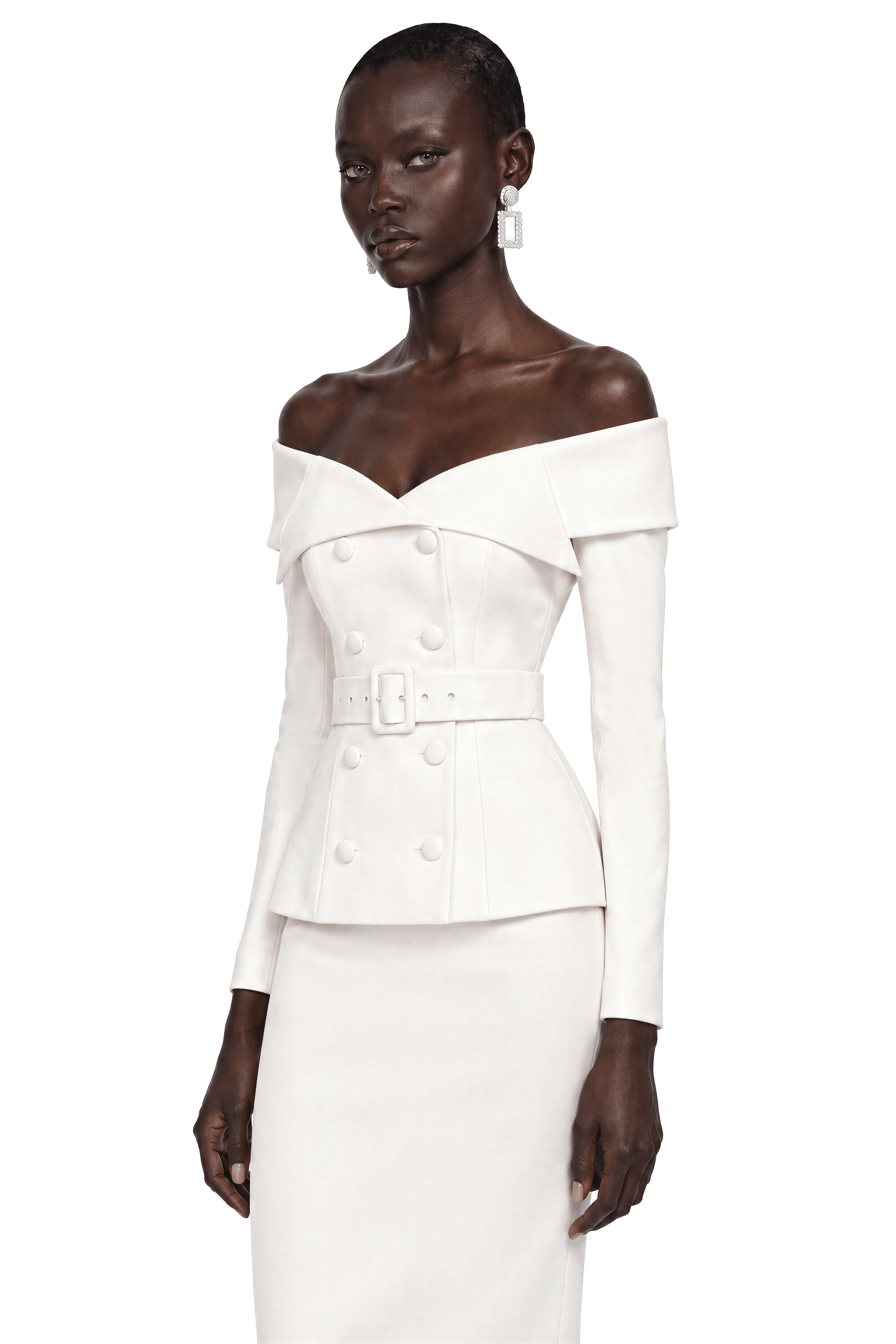 Maristella White Off Shoulder Belted Blazer & Midi Skirt Set