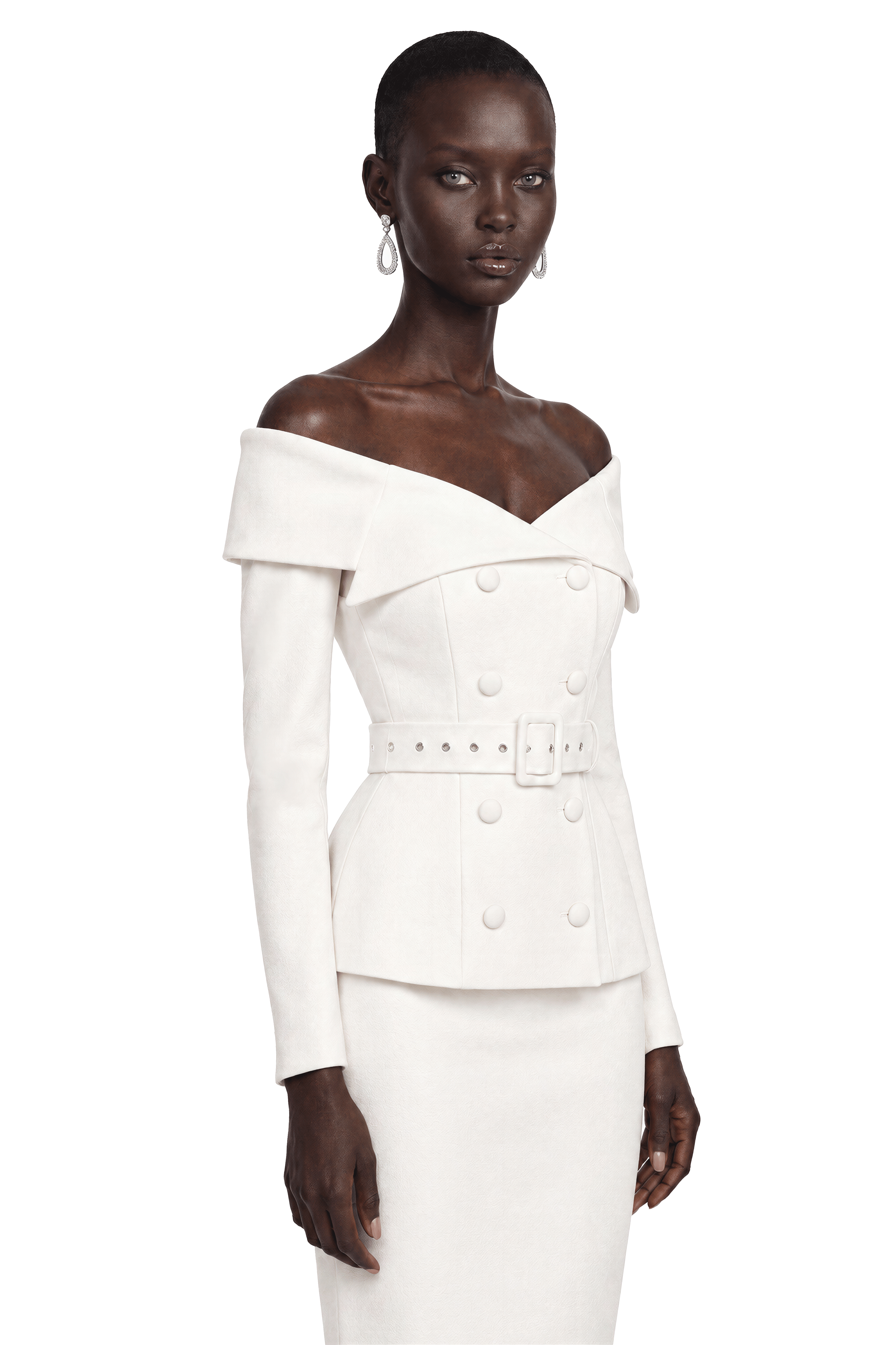 Maristella White Off Shoulder Belted Blazer & Midi Skirt Set