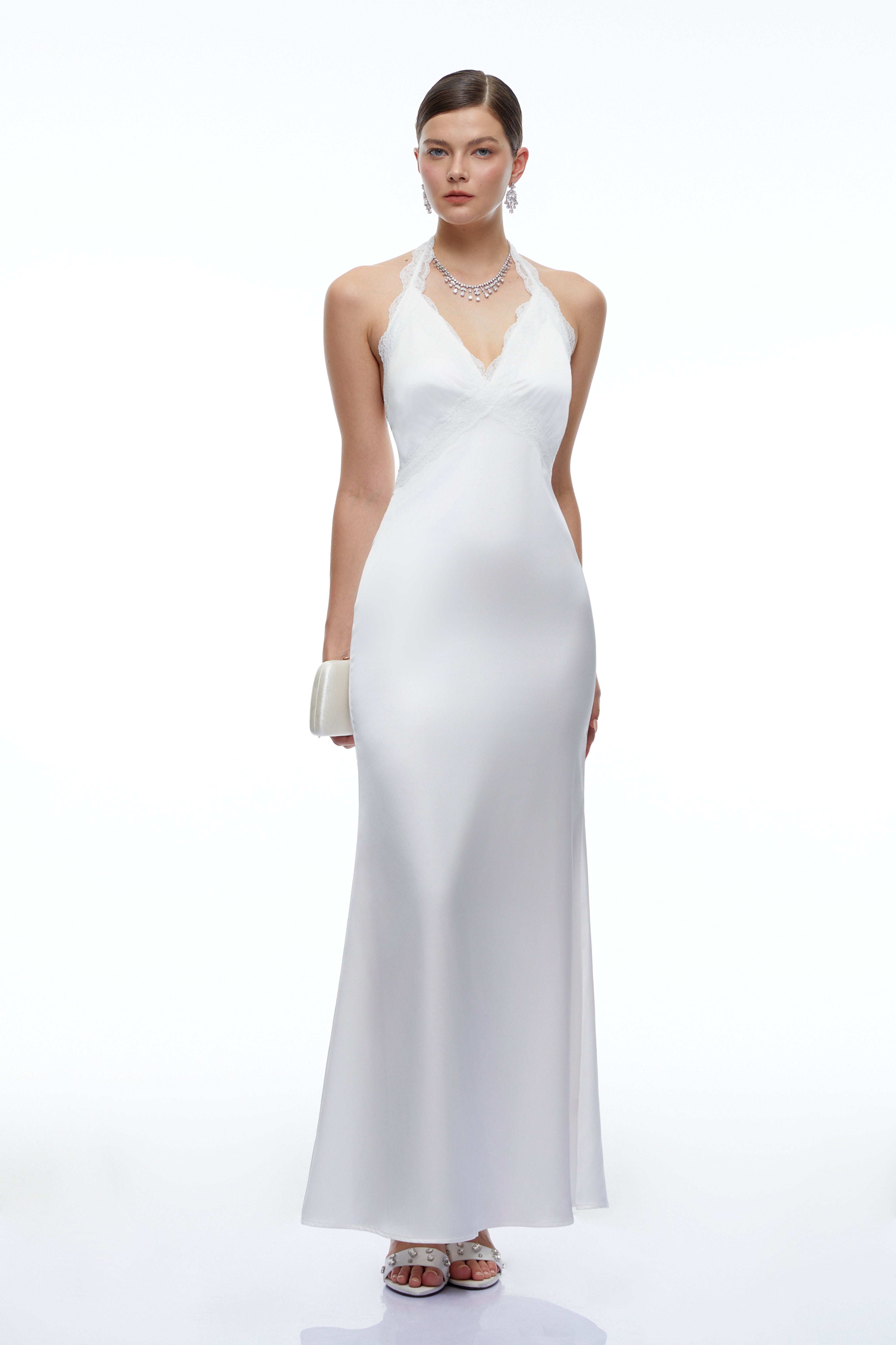 Maristella White Plunge Neck Halterneck Maxi Dress with Lace Trim