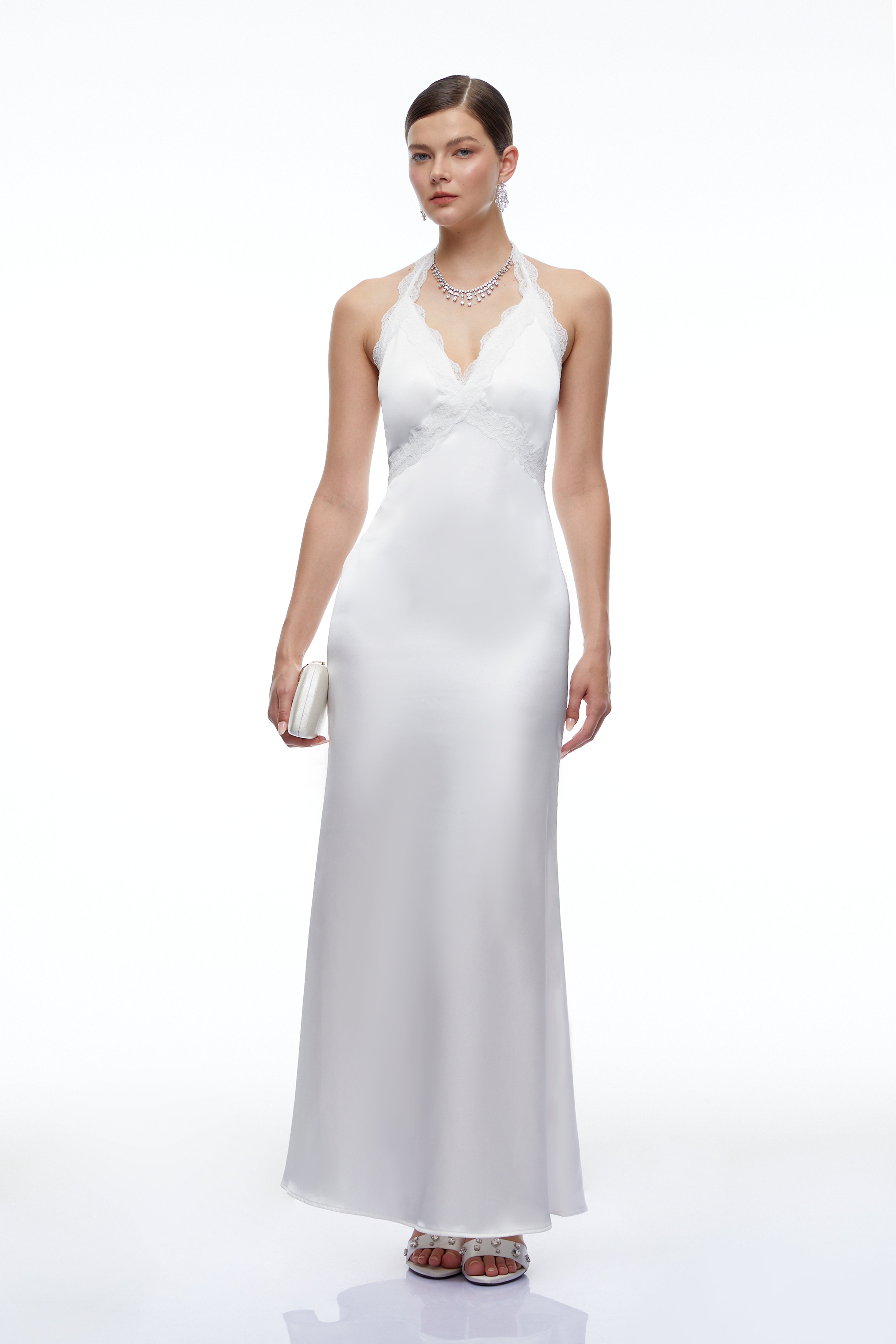 Maristella White Plunge Neck Halterneck Maxi Dress with Lace Trim