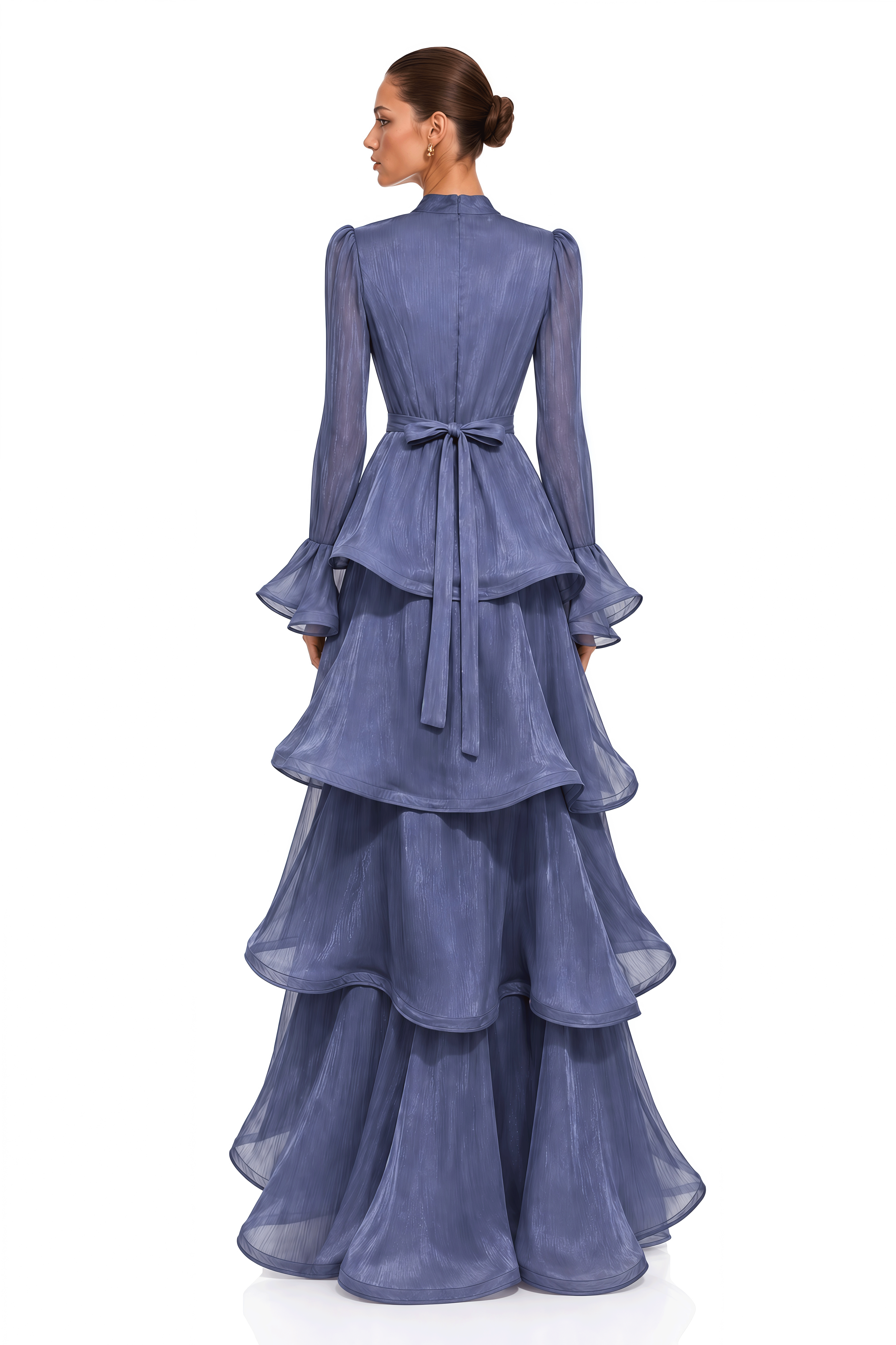Maristelle Blue Bow Neck Tiered Ruffle Maxi Dress