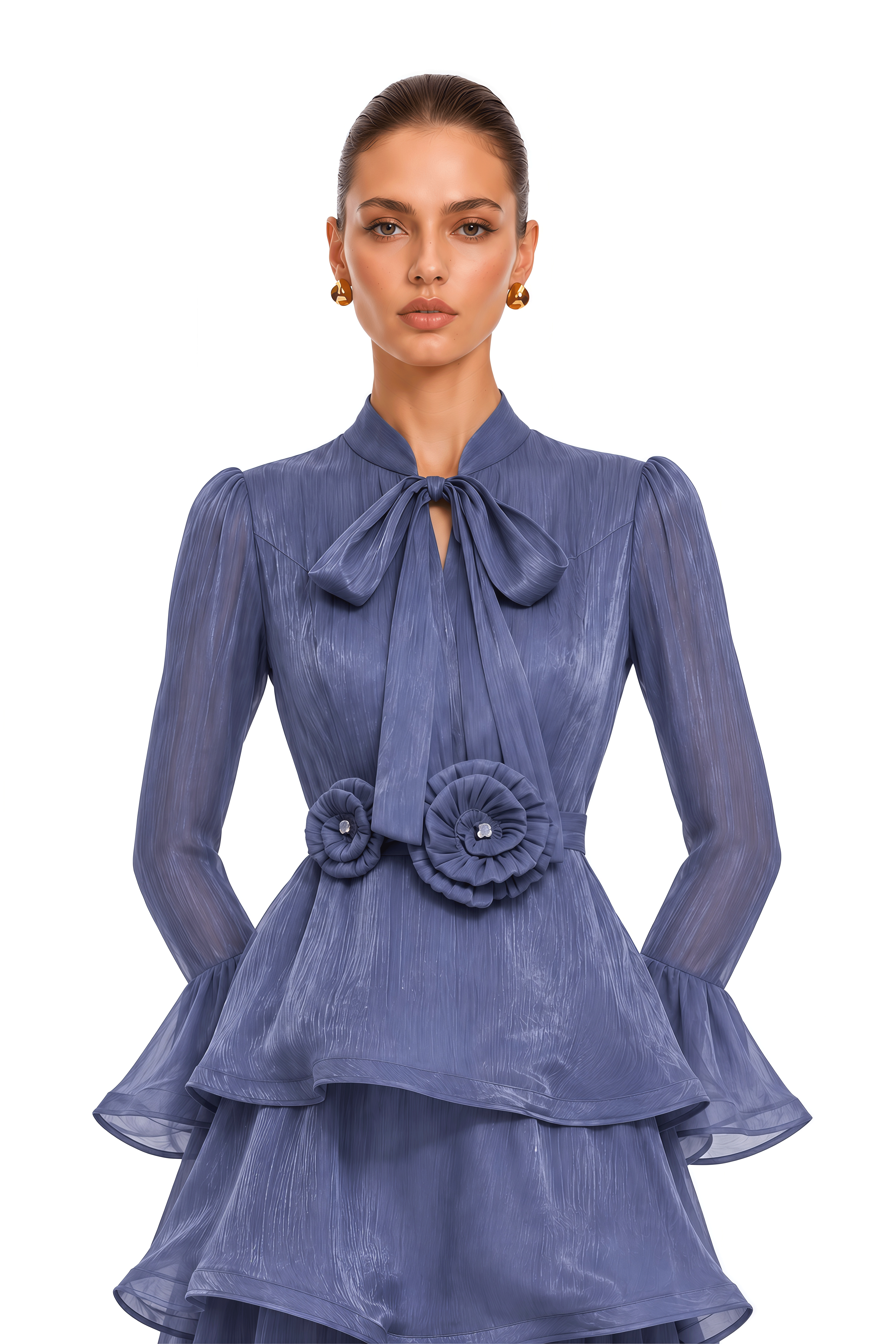 Maristelle Blue Bow Neck Tiered Ruffle Maxi Dress