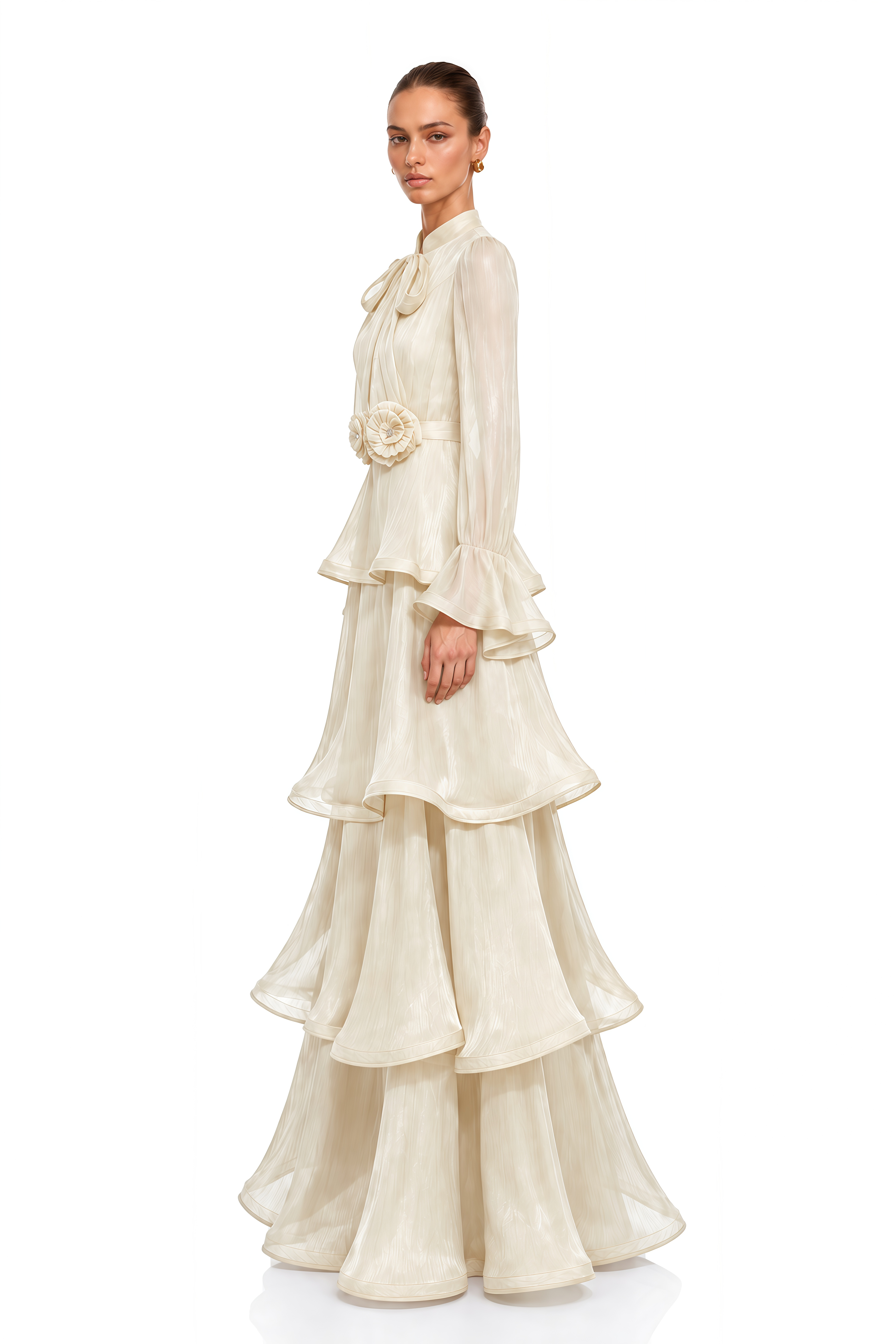 Maristelle Ivory Bow Neck Tiered Ruffle Maxi Dress