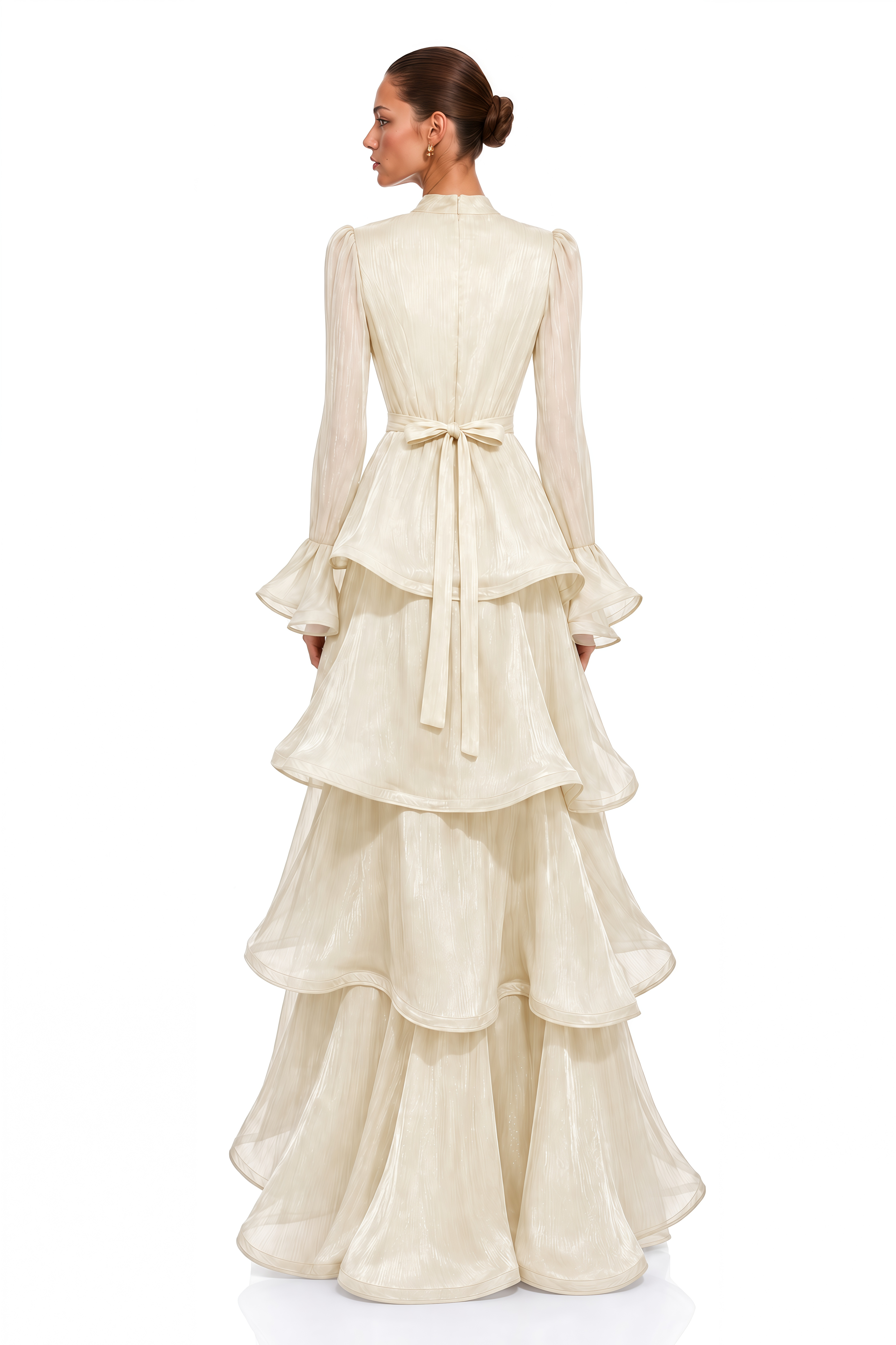 Maristelle Ivory Bow Neck Tiered Ruffle Maxi Dress