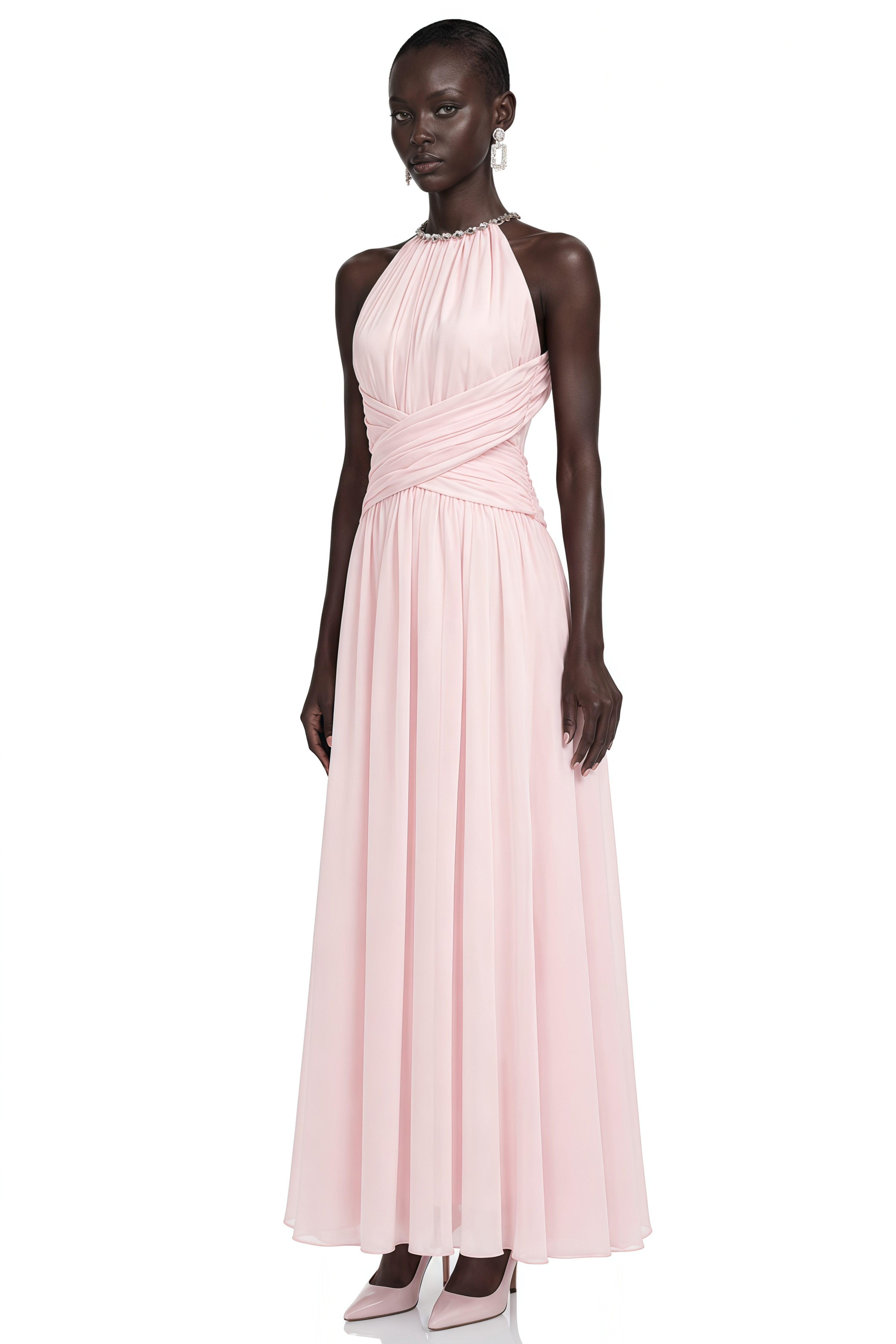 Maristelle Pink Ruched Halterneck Maxi Dress
