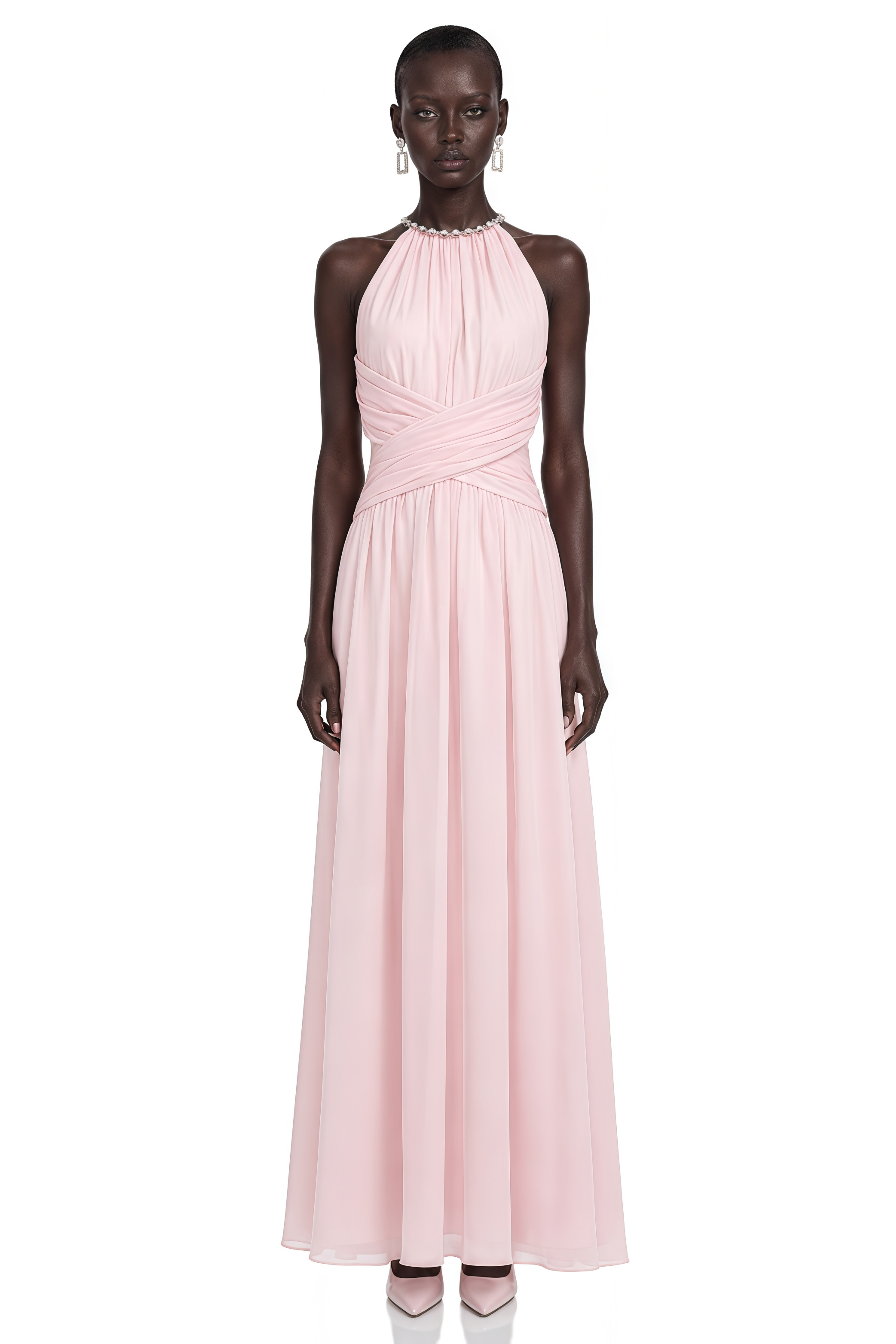 Maristelle Pink Ruched Halterneck Maxi Dress