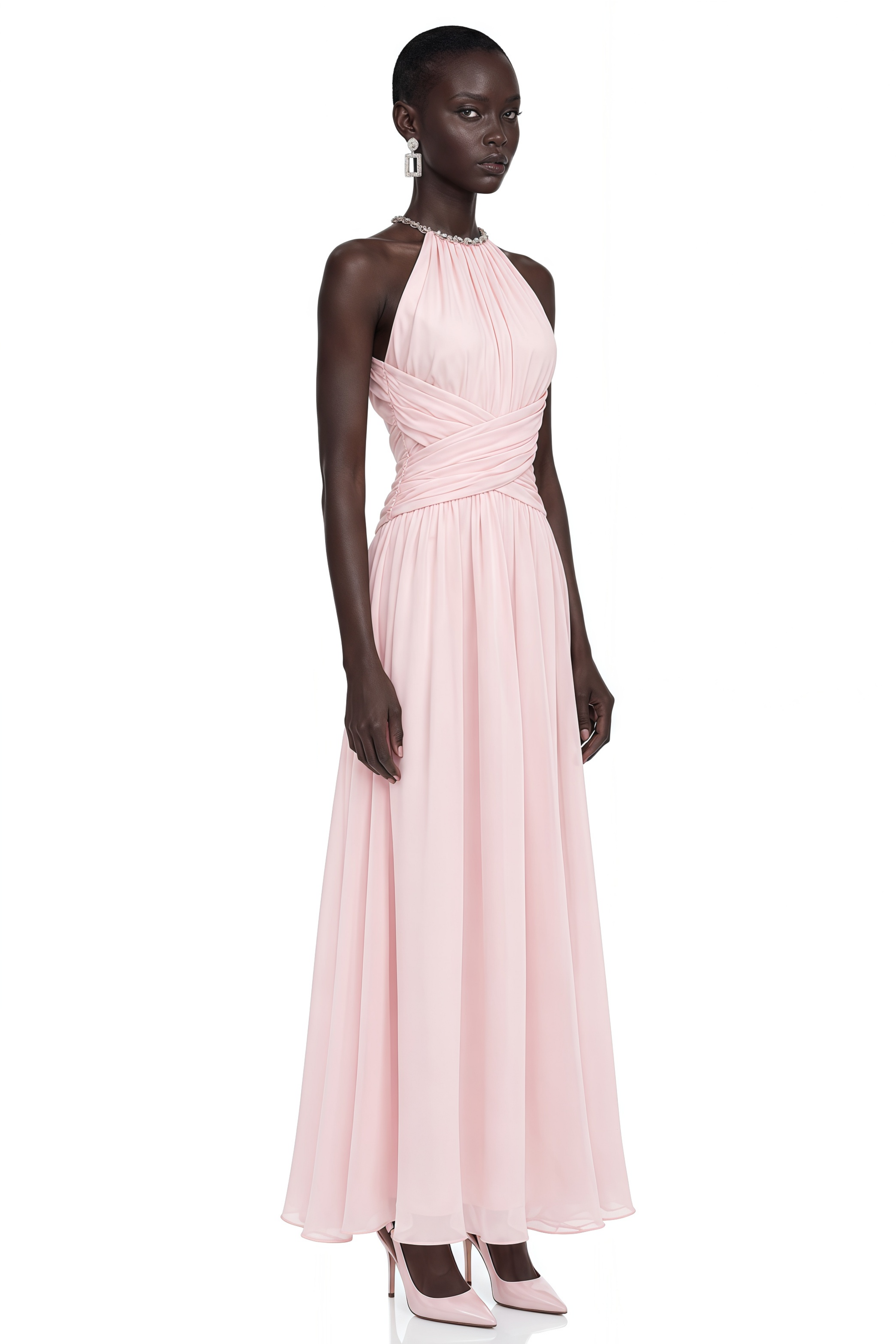 Maristelle Pink Ruched Halterneck Maxi Dress