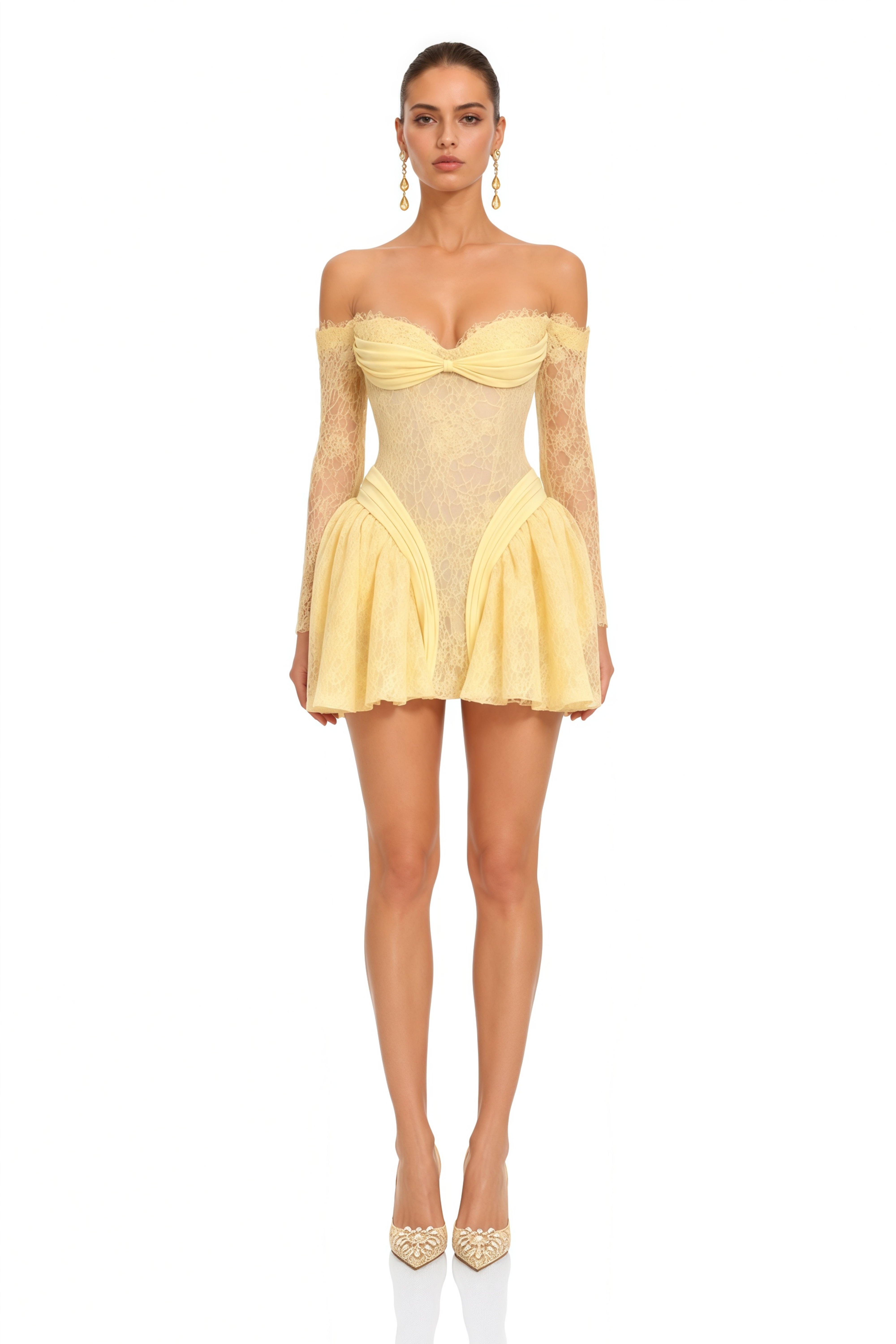 Mariveth Yellow Lace Mini Dress with Bow Detail