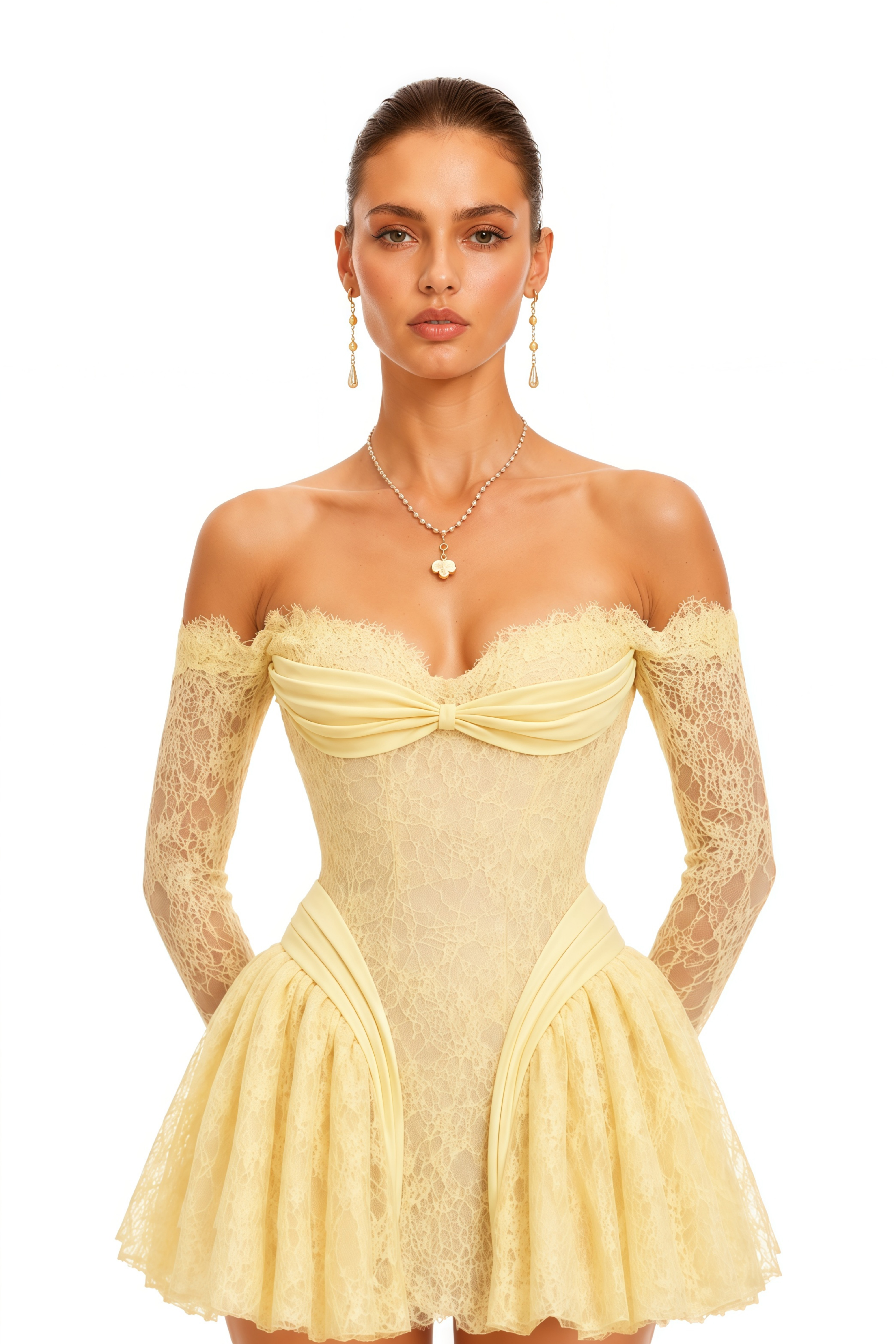 Mariveth Yellow Lace Mini Dress with Bow Detail