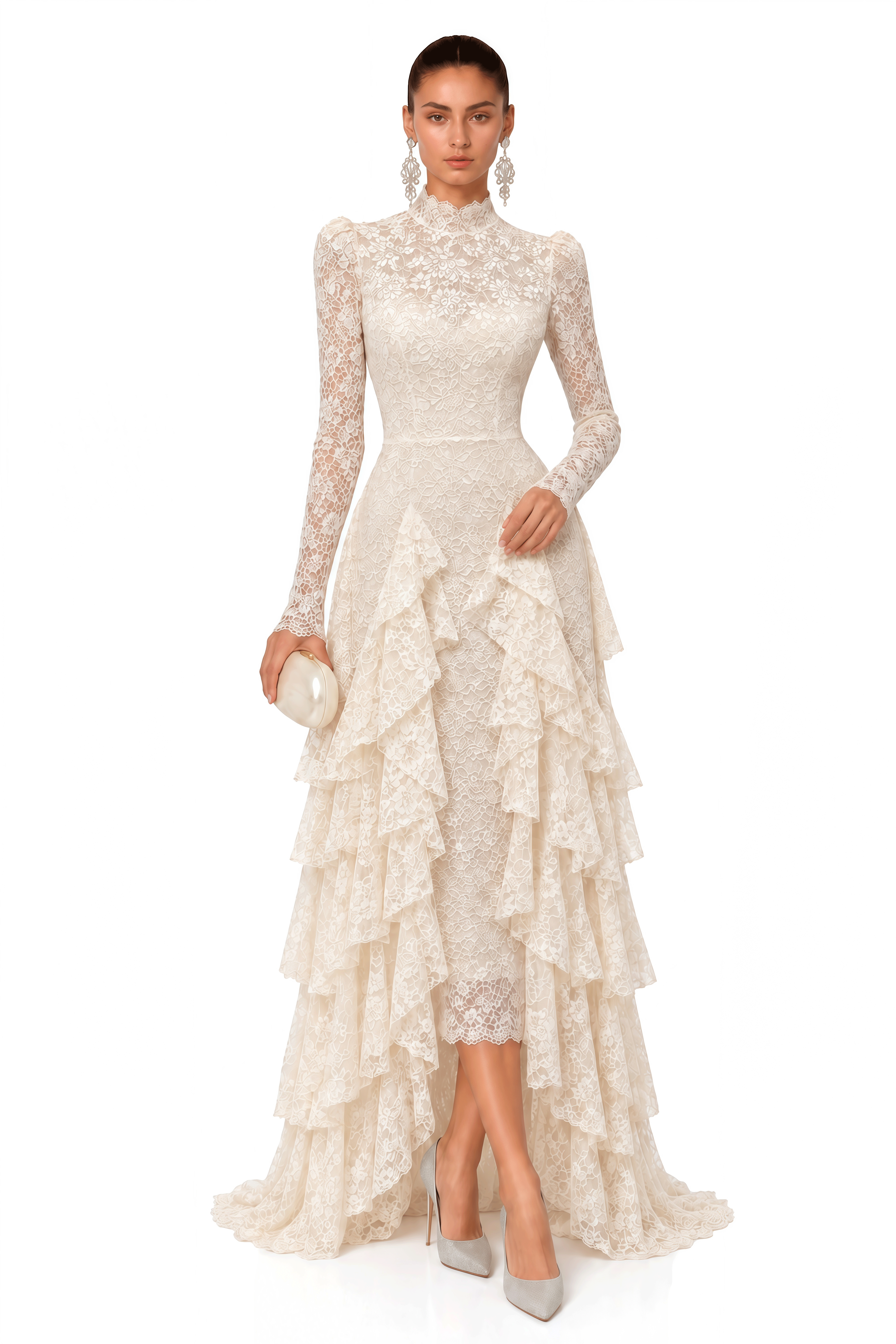 Marjorie White Lace High Neck Ruffled Maxi Dress
