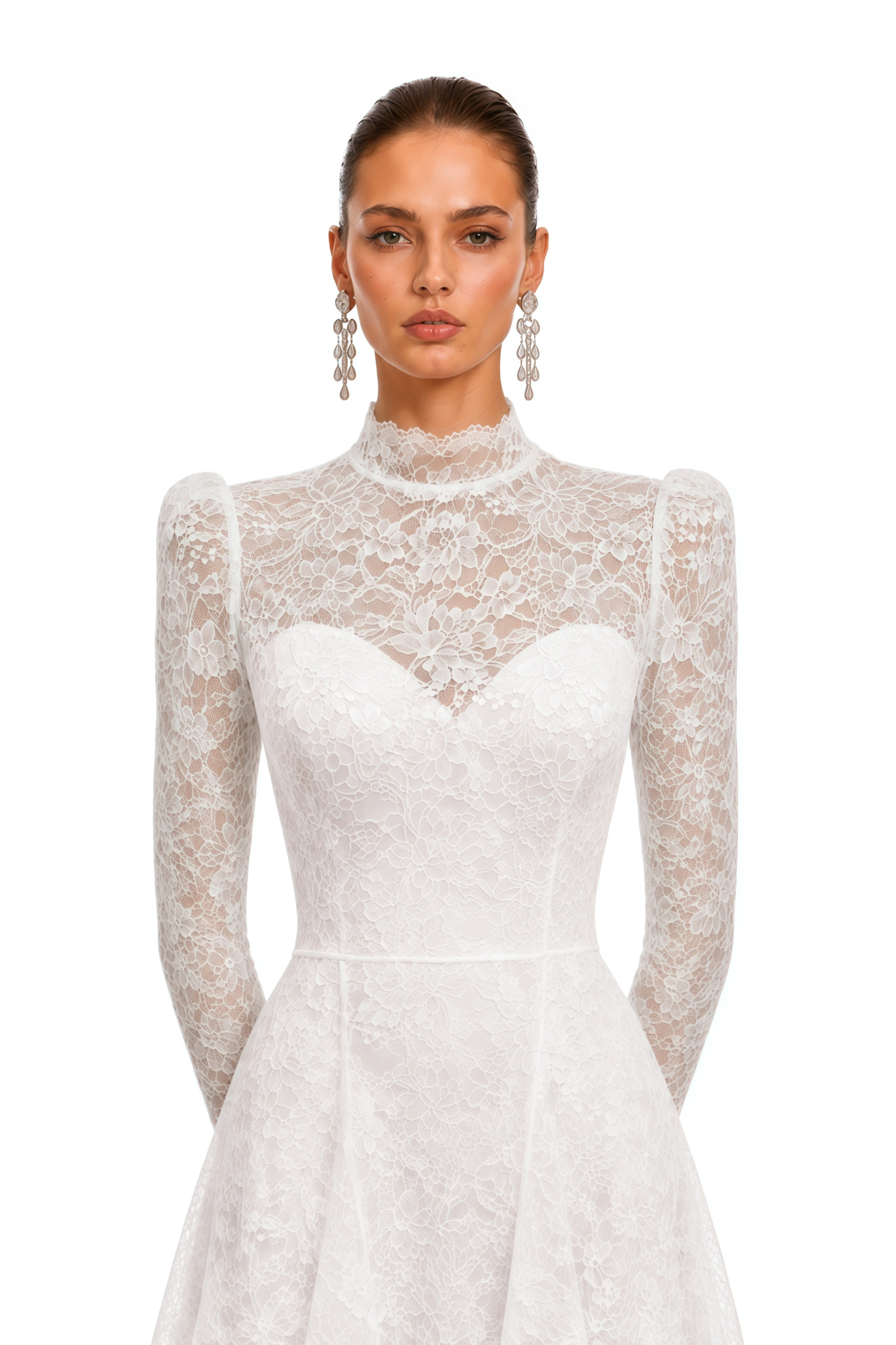 Marjorie White Lace High Neck Ruffled Maxi Dress