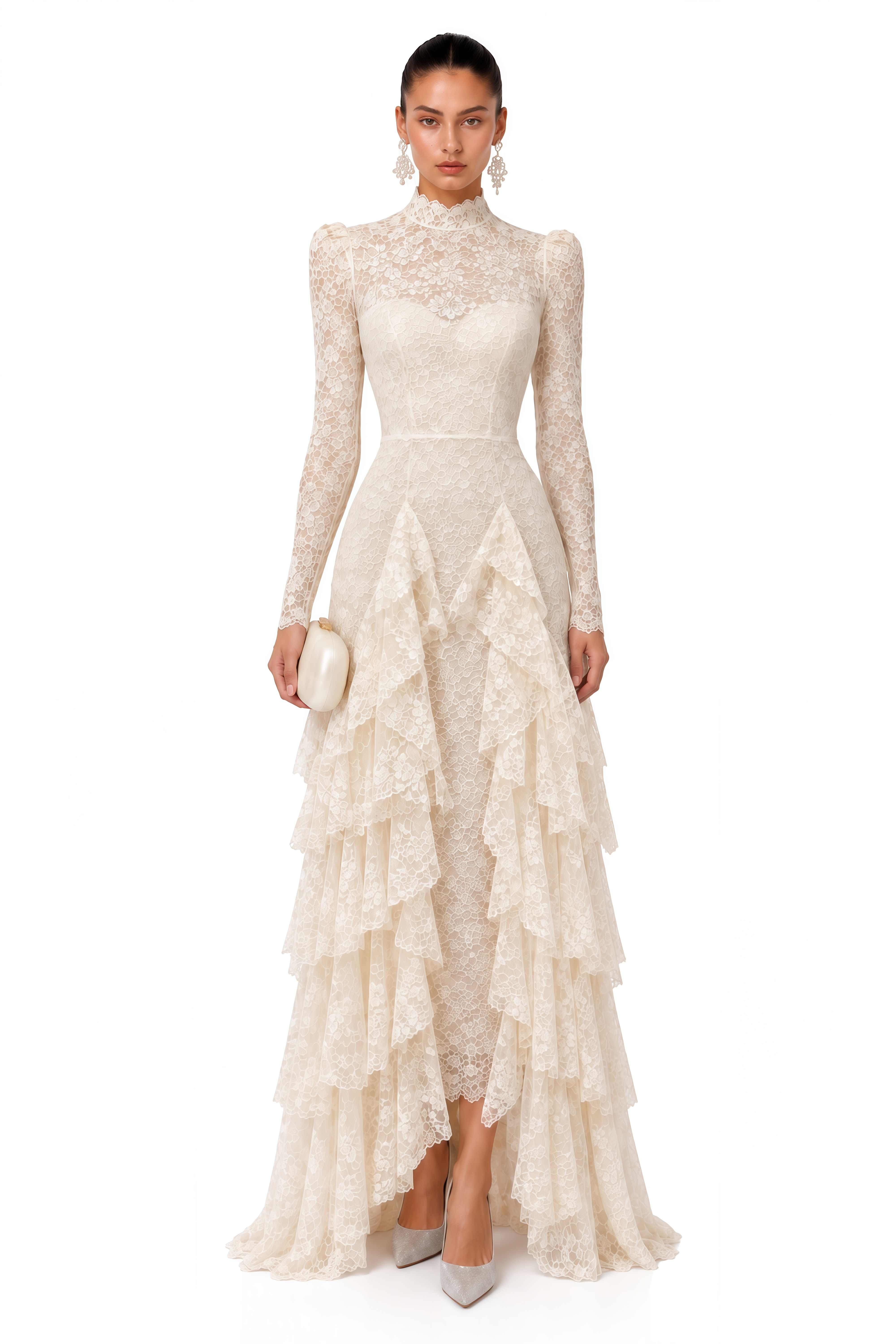 Marjorie White Lace High Neck Ruffled Maxi Dress