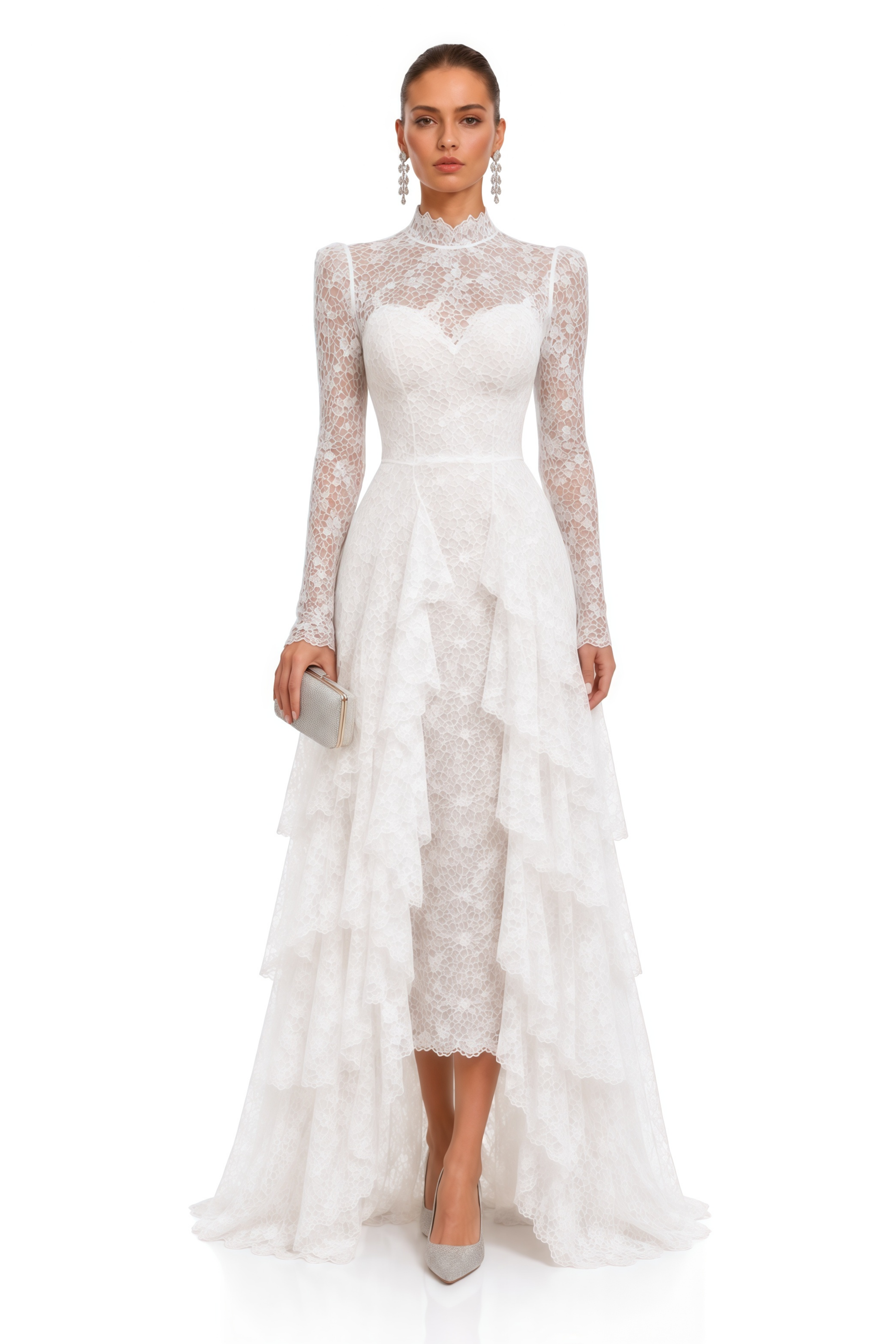 Marjorie White Lace High Neck Ruffled Maxi Dress