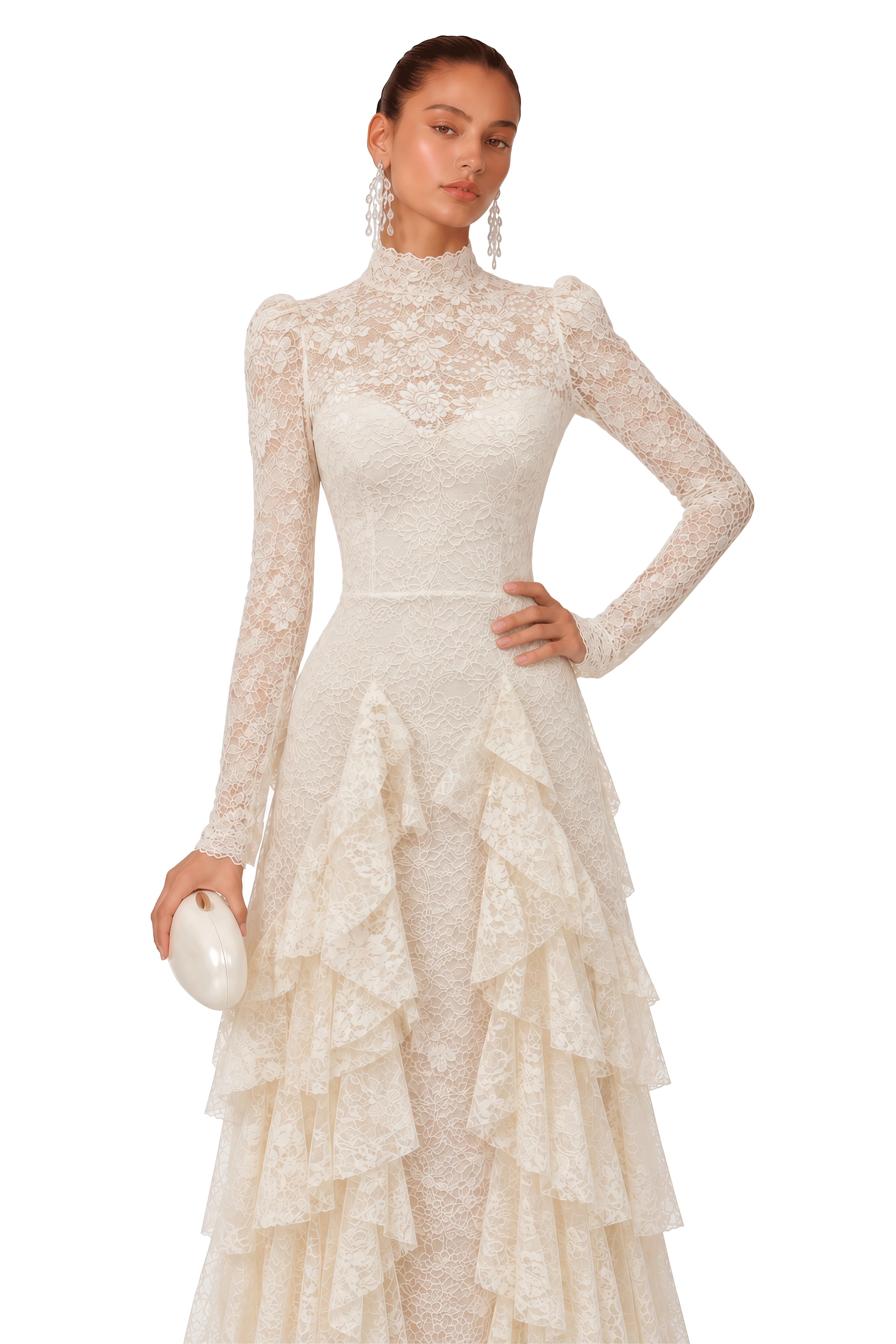 Marjorie White Lace High Neck Ruffled Maxi Dress