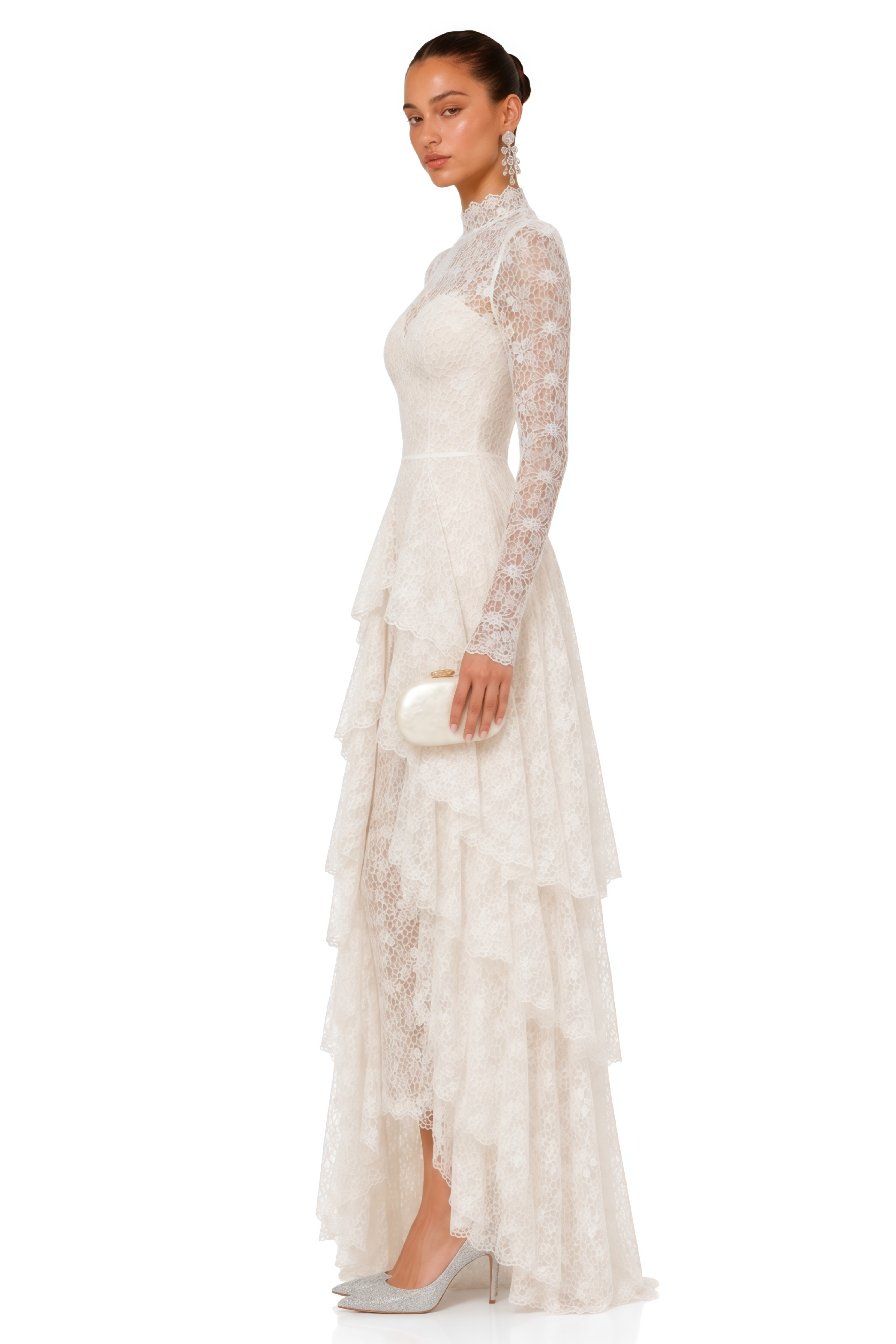 Marjorie White Lace High Neck Ruffled Maxi Dress