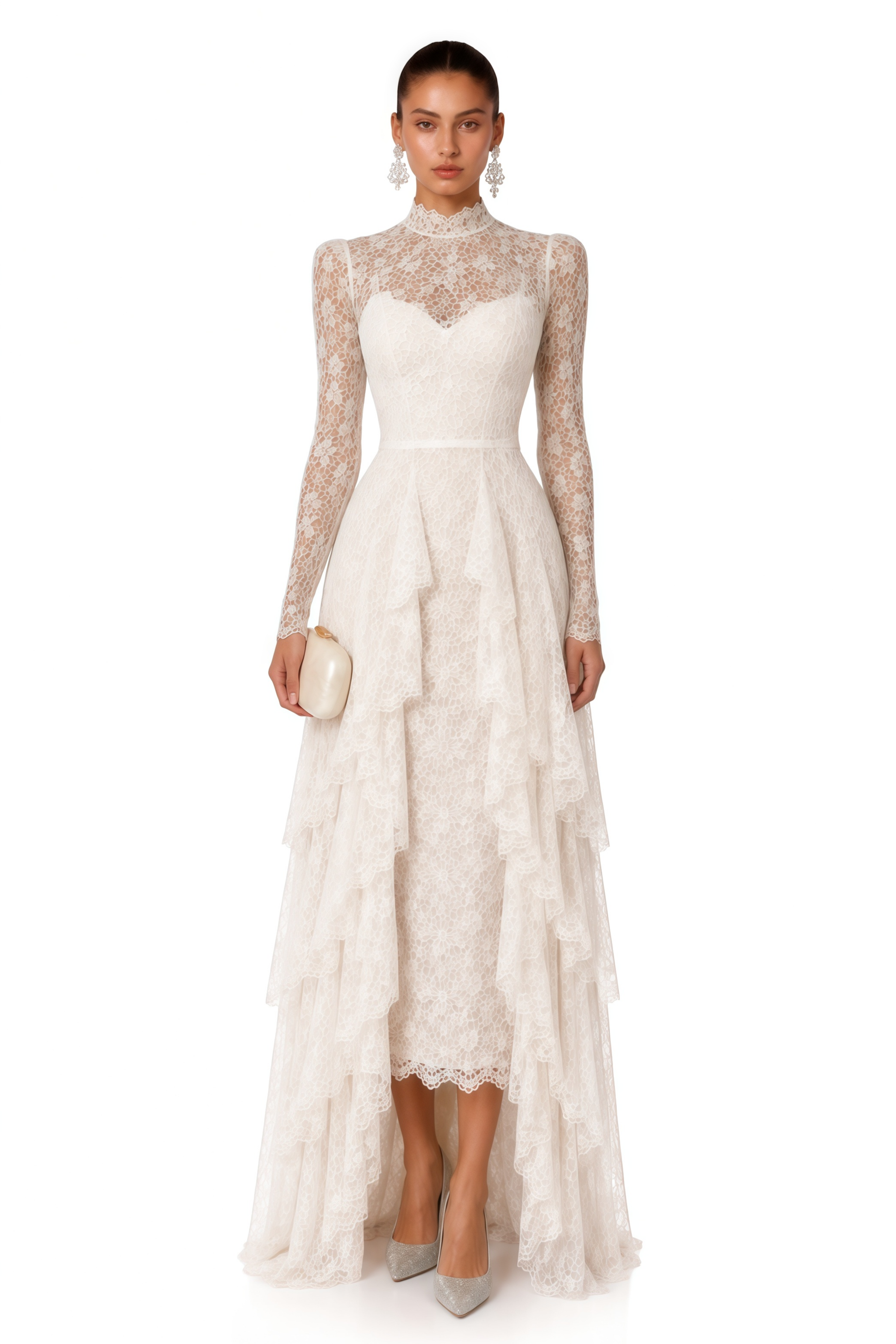 Marjorie White Lace High Neck Ruffled Maxi Dress