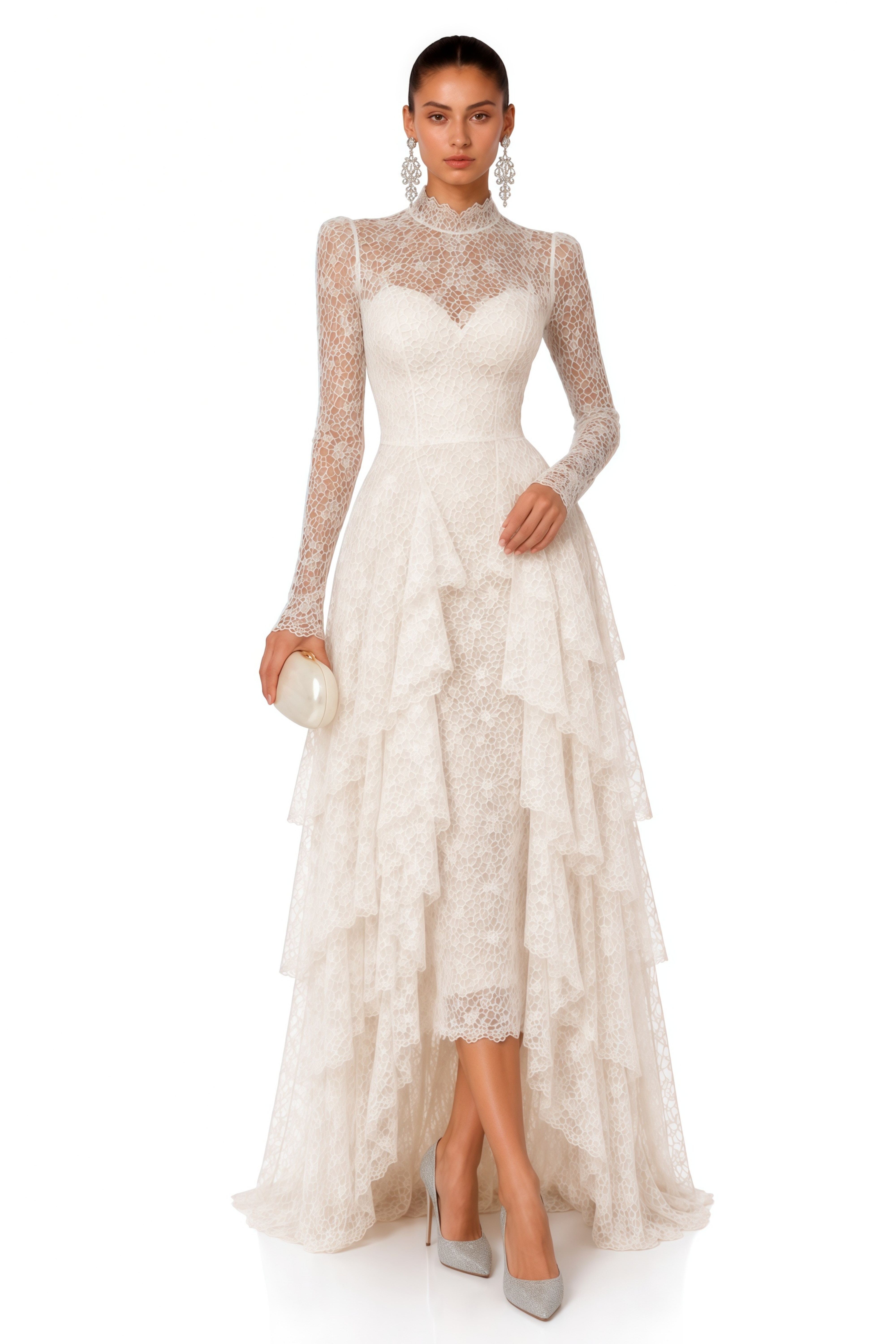 Marjorie White Lace High Neck Ruffled Maxi Dress