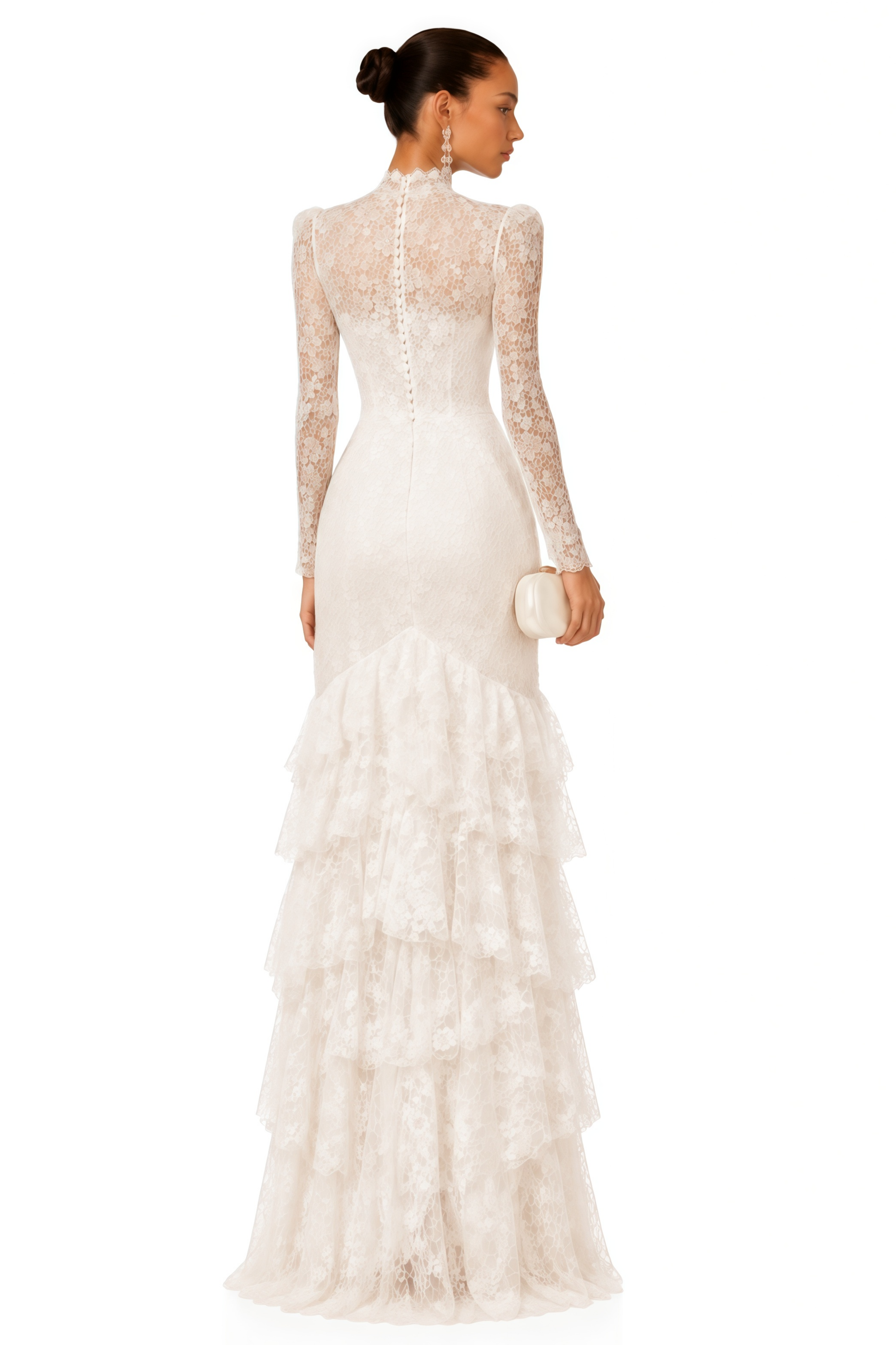 Marjorie White Lace High Neck Ruffled Maxi Dress