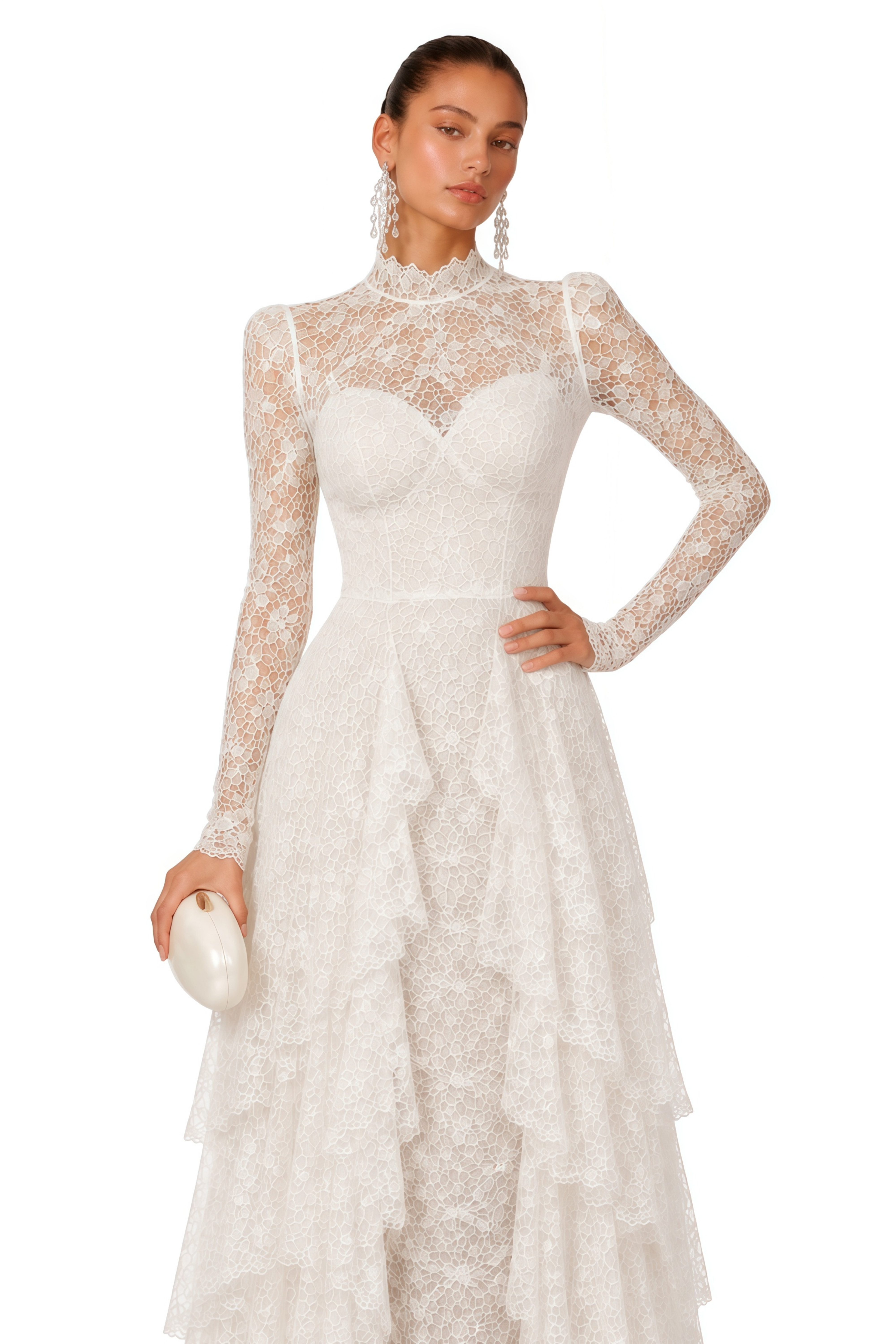 Marjorie White Lace High Neck Ruffled Maxi Dress