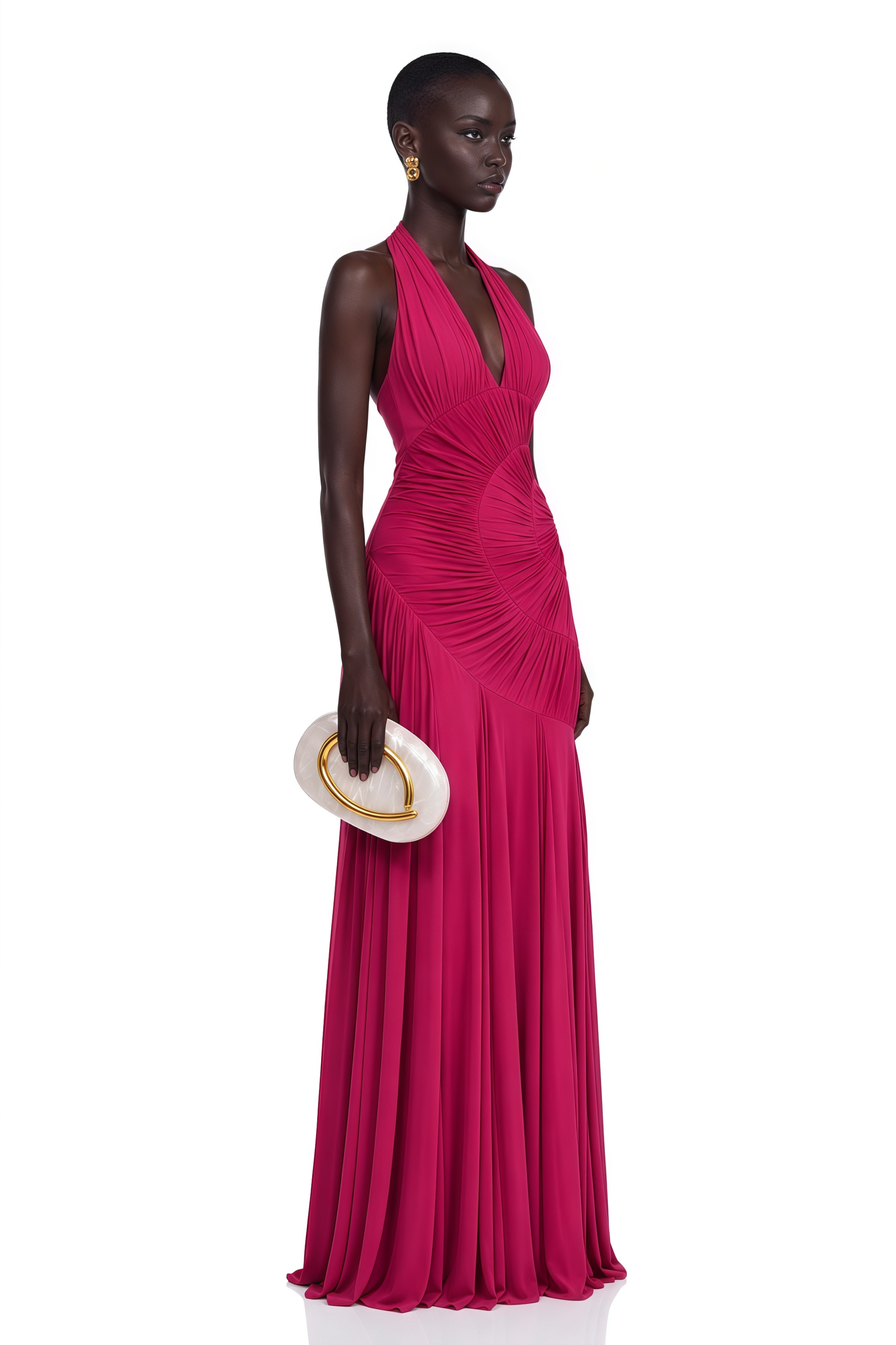 Marleigh Fuchsia Halterneck Asymmetrical Pleated Maxi Dress
