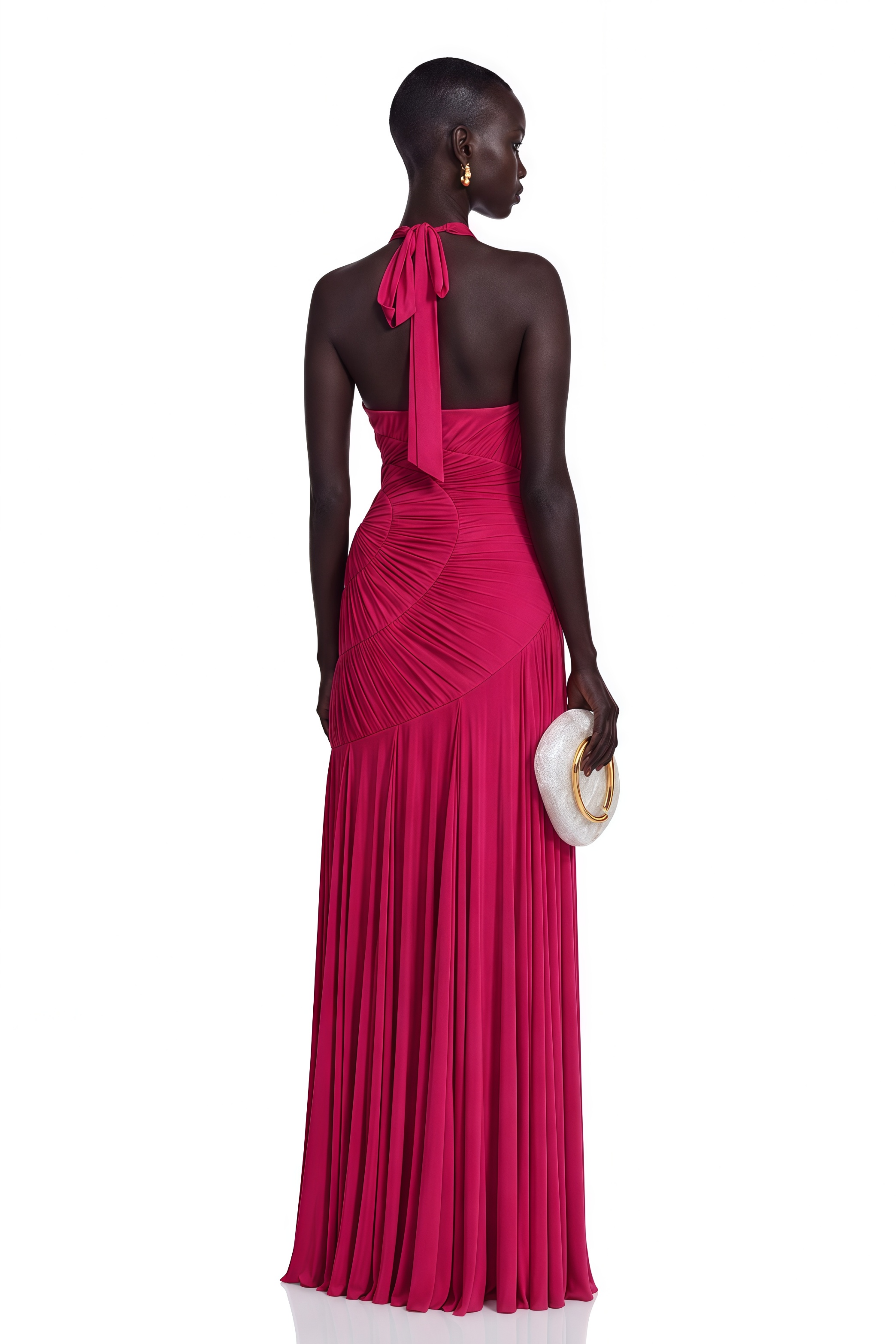 Marleigh Fuchsia Halterneck Asymmetrical Pleated Maxi Dress