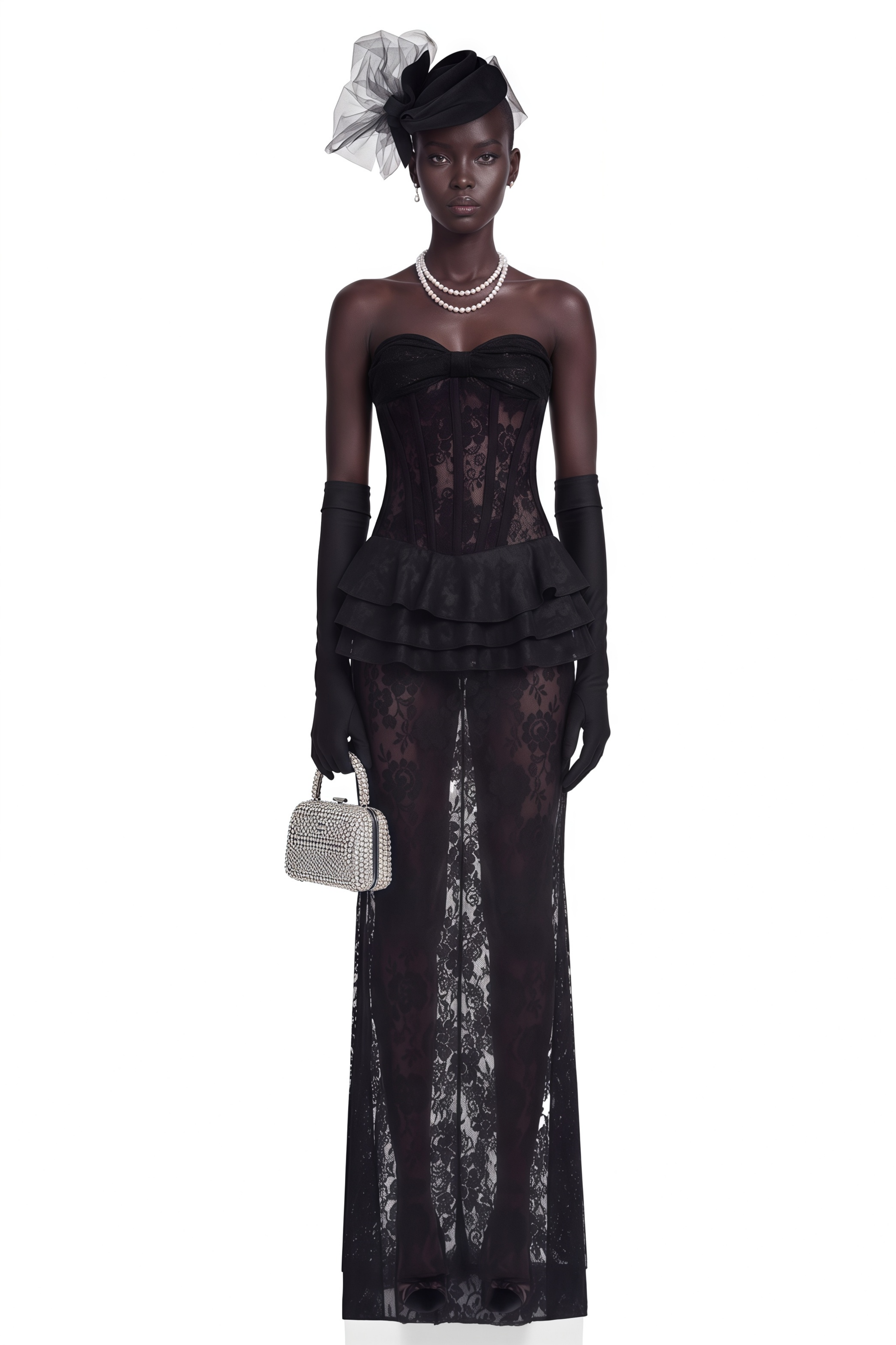 Marlena Black Strapless Corset Lace Maxi Dress
