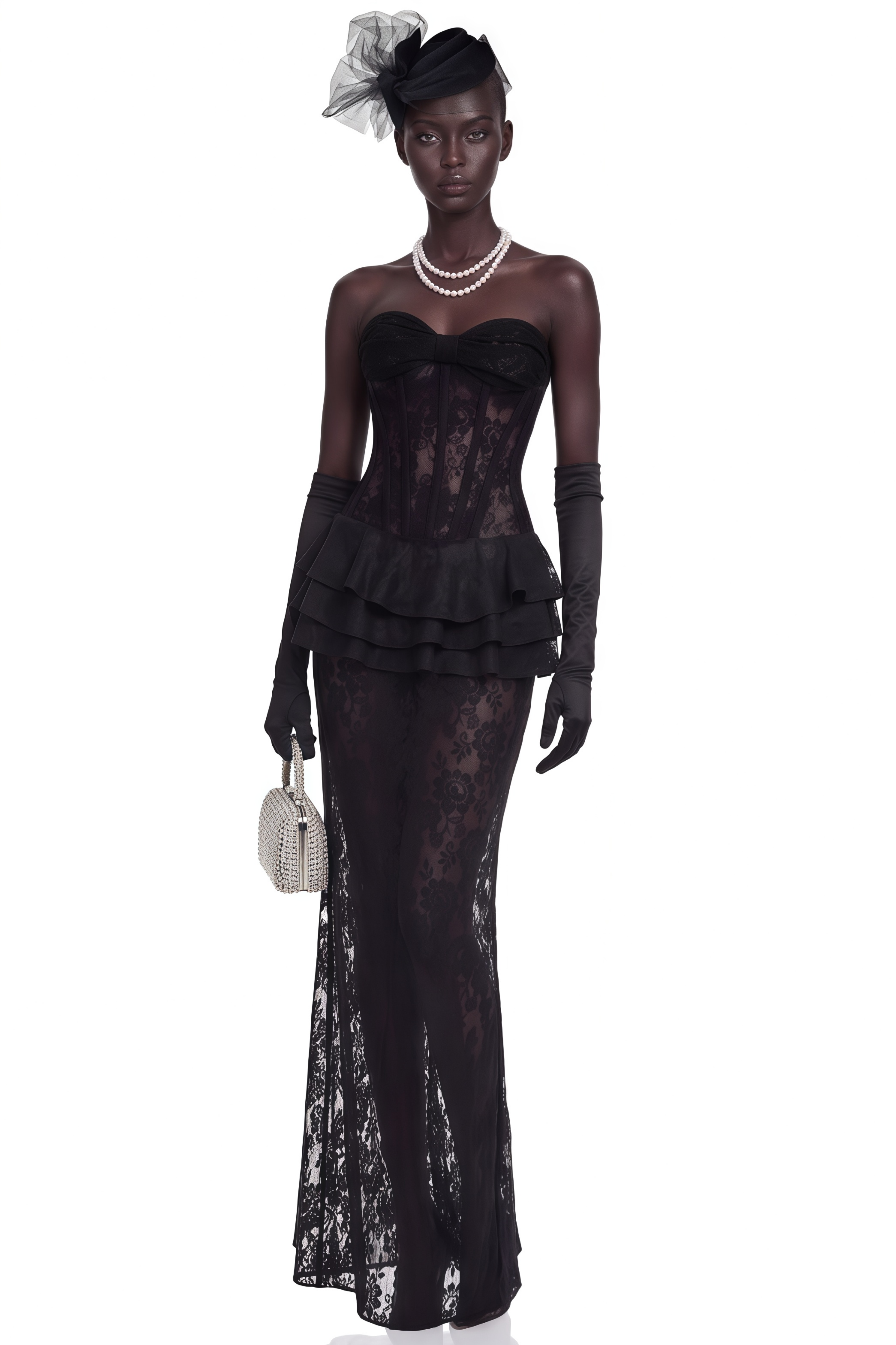 Marlena Black Strapless Corset Lace Maxi Dress