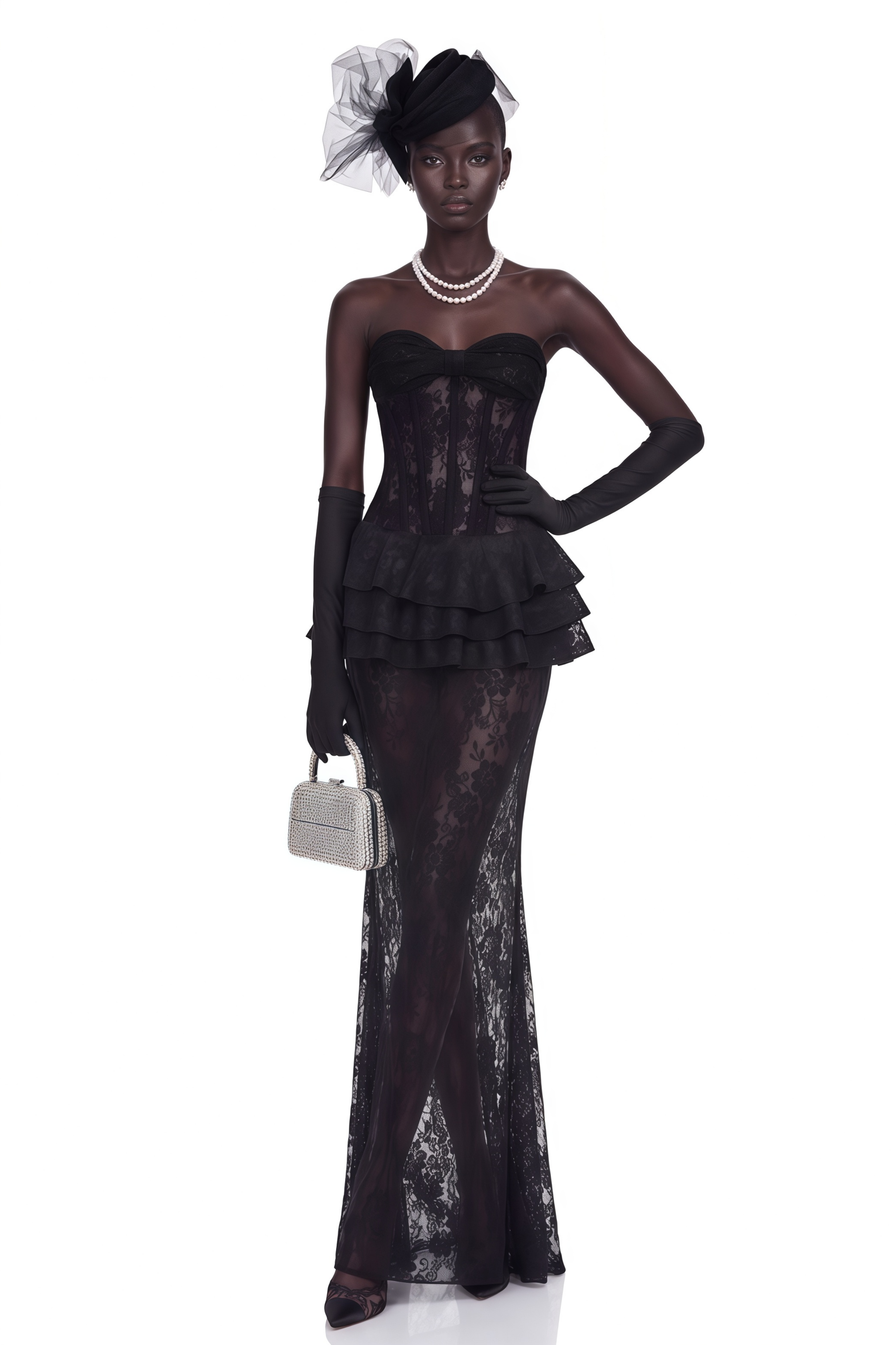 Marlena Black Strapless Corset Lace Maxi Dress