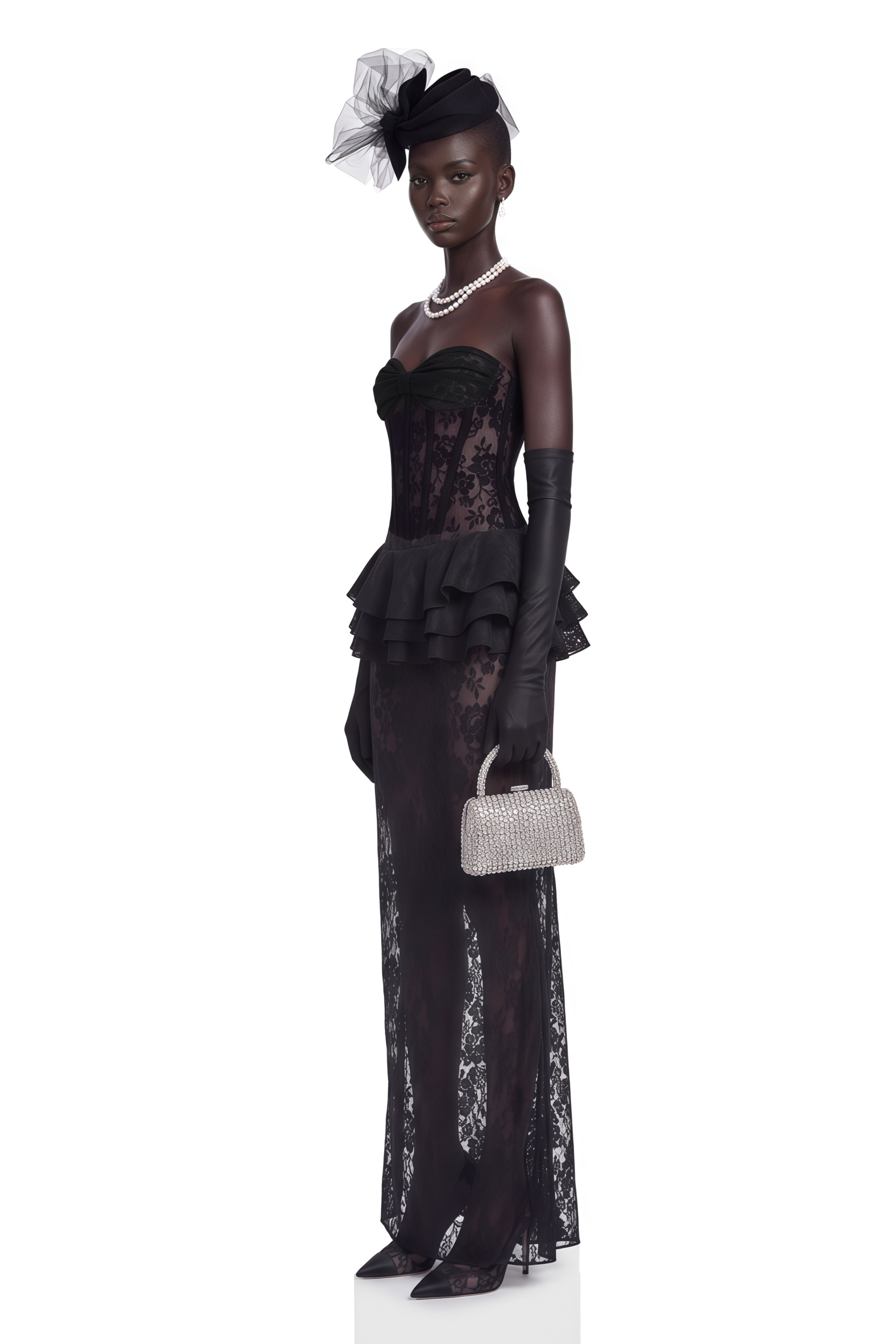 Marlena Black Strapless Corset Lace Maxi Dress