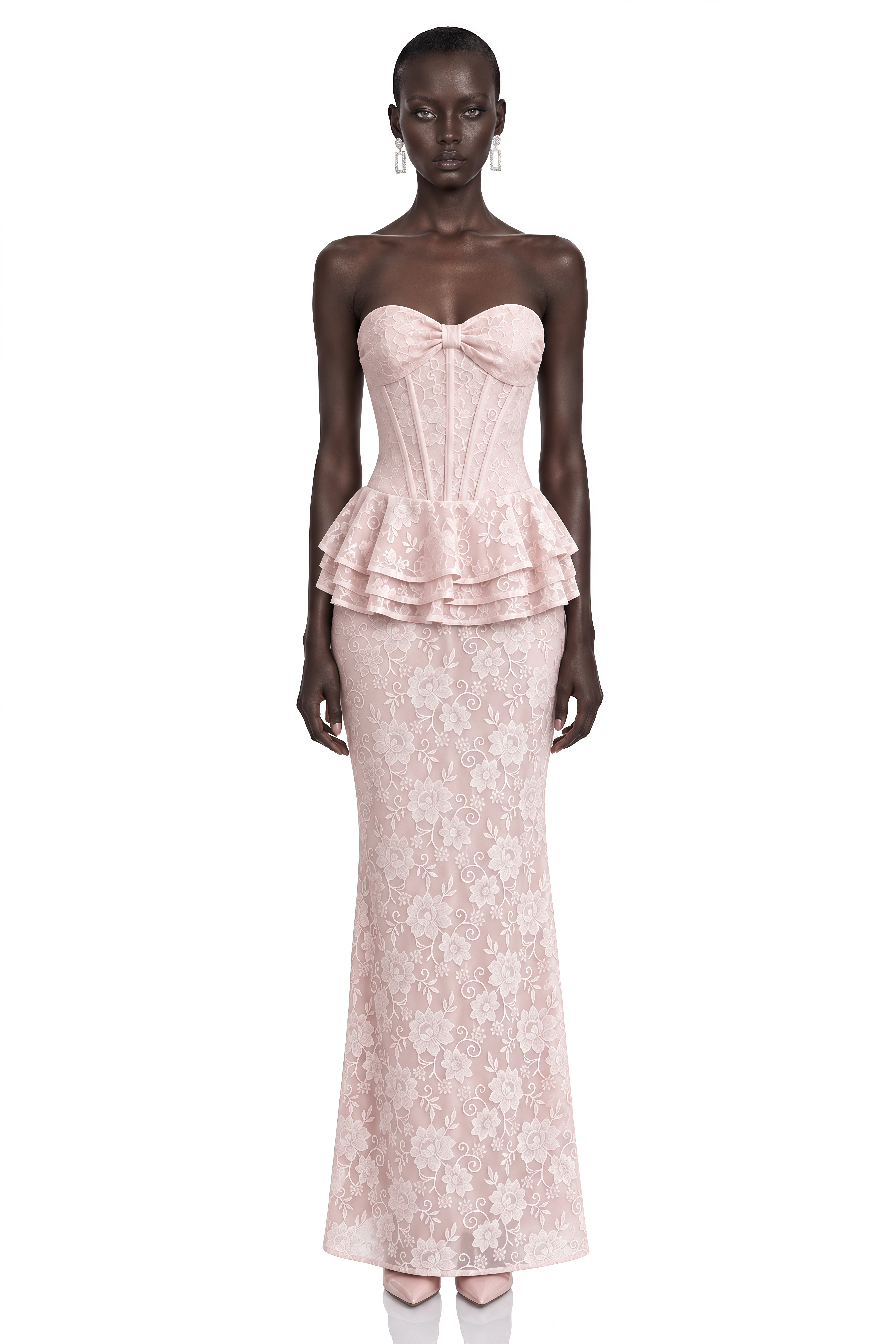 Marlena Pink Strapless Corset Lace Maxi Dress