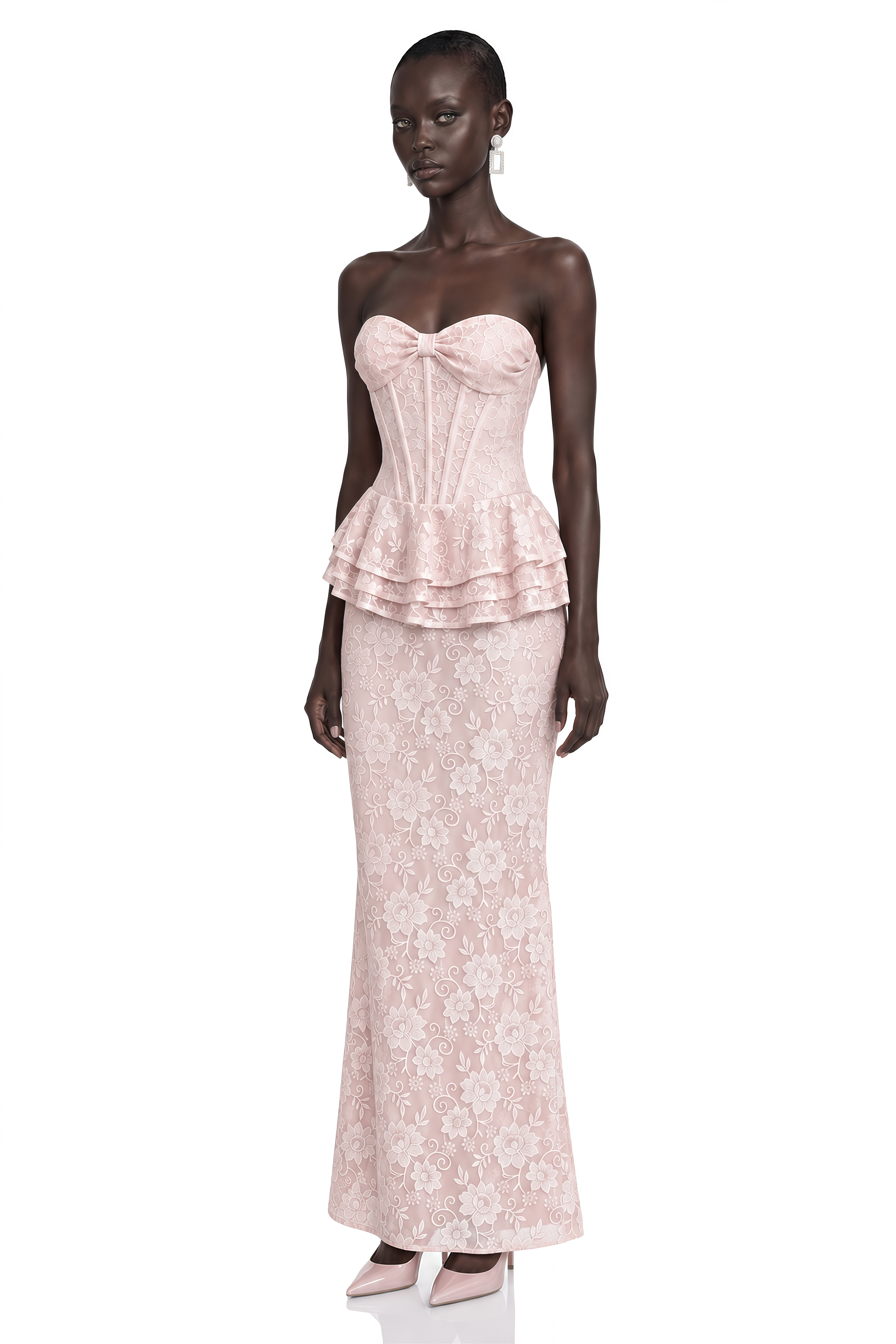 Marlena Pink Strapless Corset Lace Maxi Dress