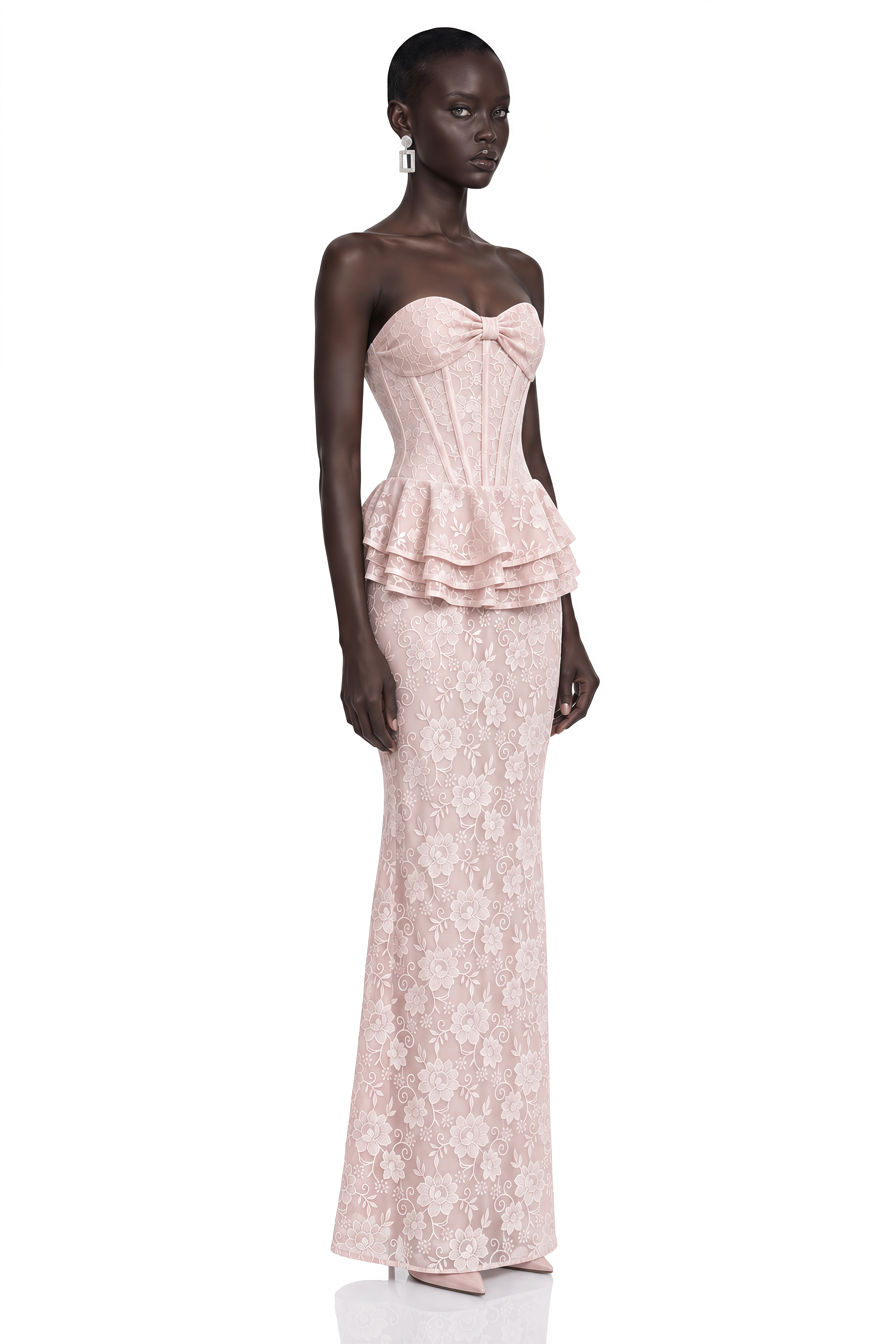 Marlena Pink Strapless Corset Lace Maxi Dress
