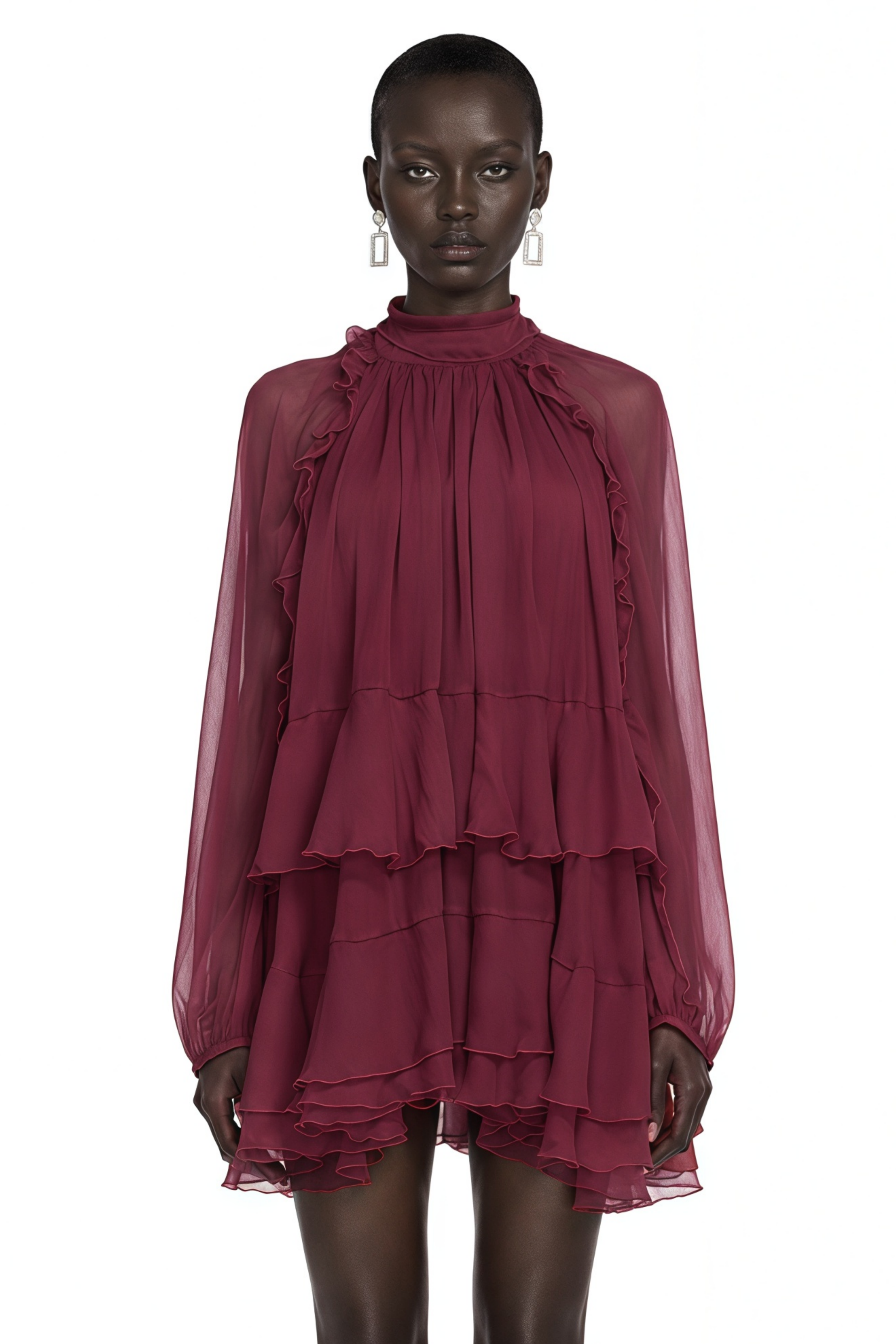 Marlena Maroon High Neck Long Sleeve Tiered Ruffle Mini Dress