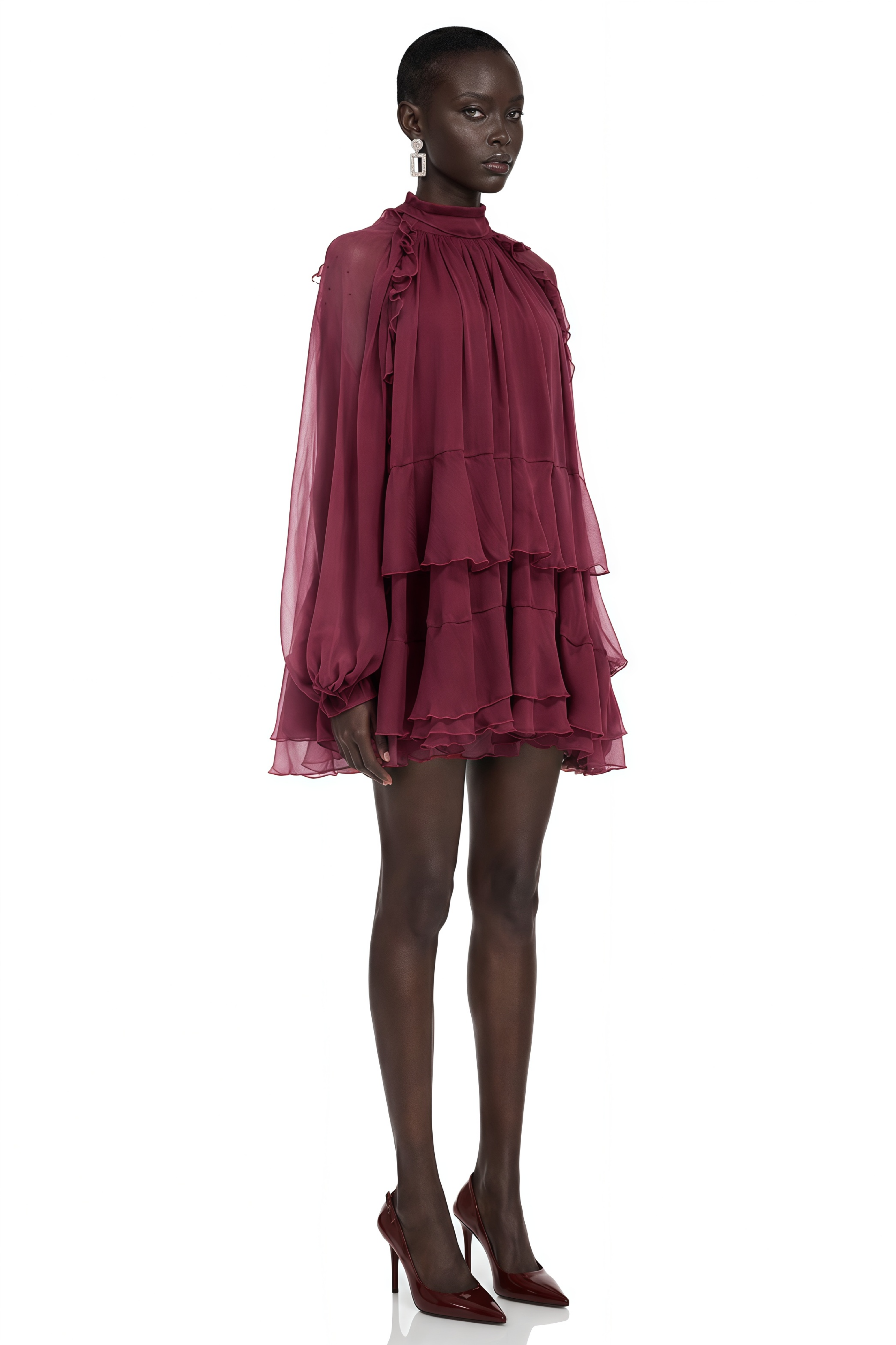 Marlena Maroon High Neck Long Sleeve Tiered Ruffle Mini Dress