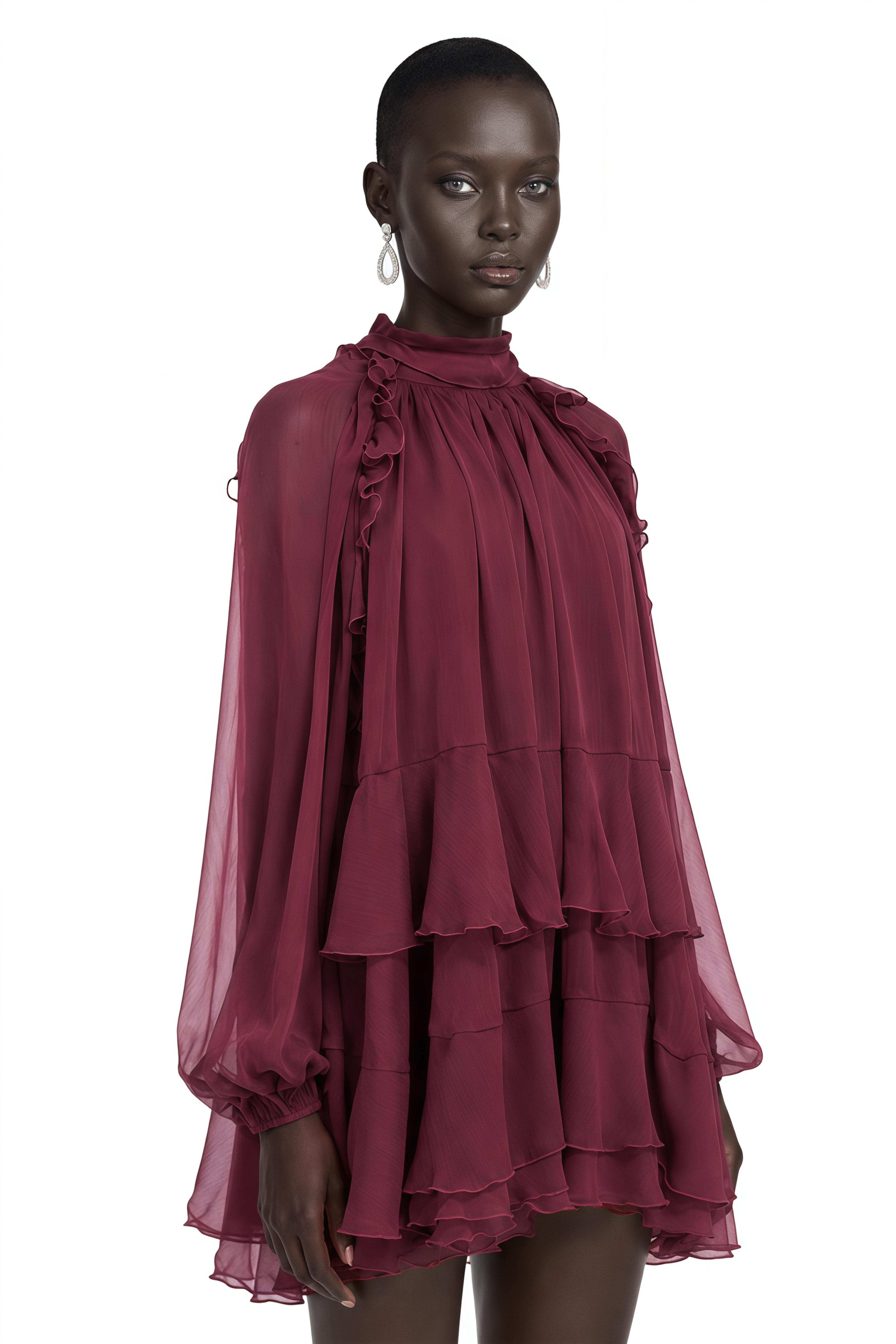 Marlena Maroon High Neck Long Sleeve Tiered Ruffle Mini Dress