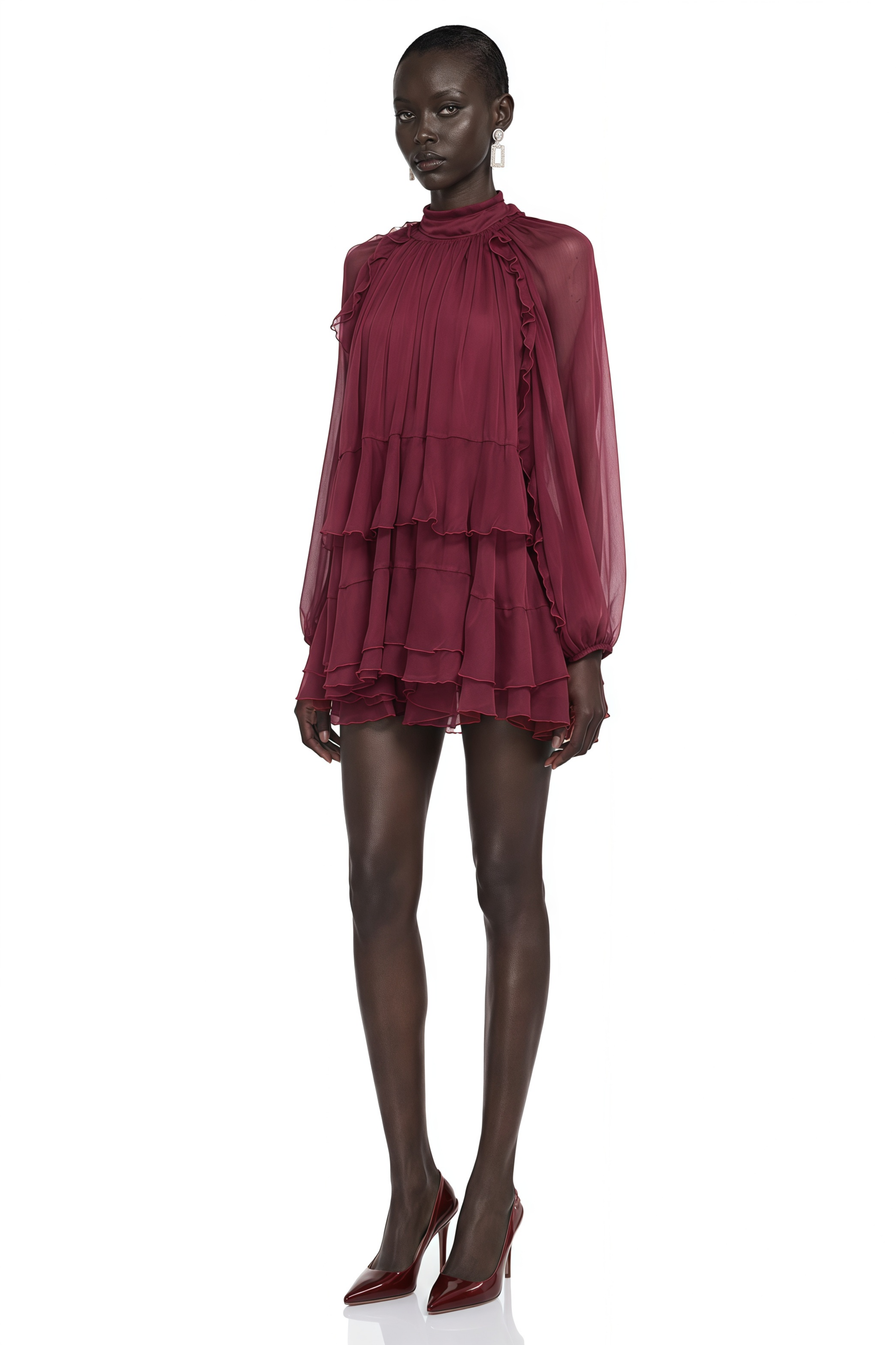 Marlena Maroon High Neck Long Sleeve Tiered Ruffle Mini Dress