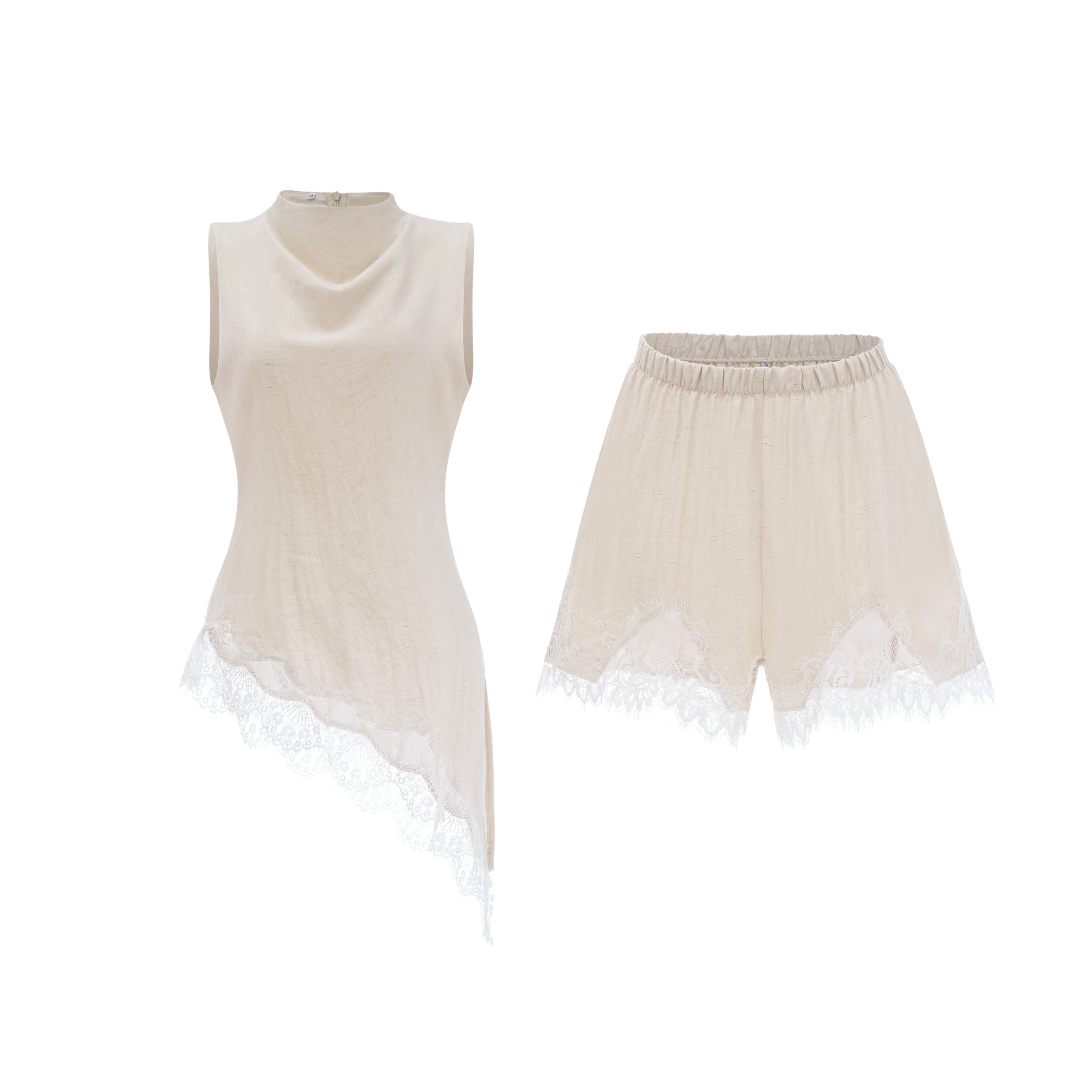 Marlowe Neutral High Neck Top & Lace Shorts Set