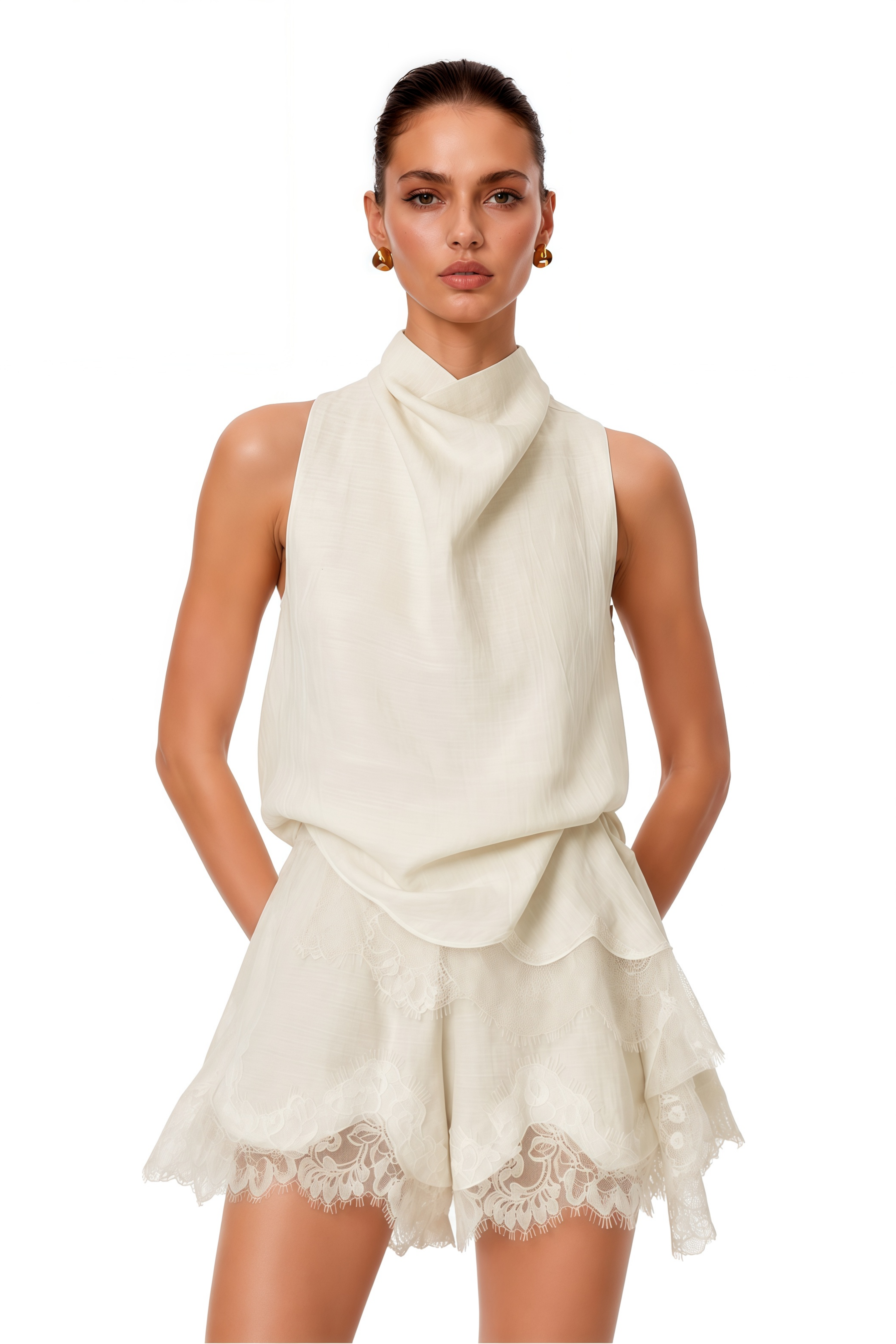 Marlowe Neutral High Neck Top & Lace Shorts Set