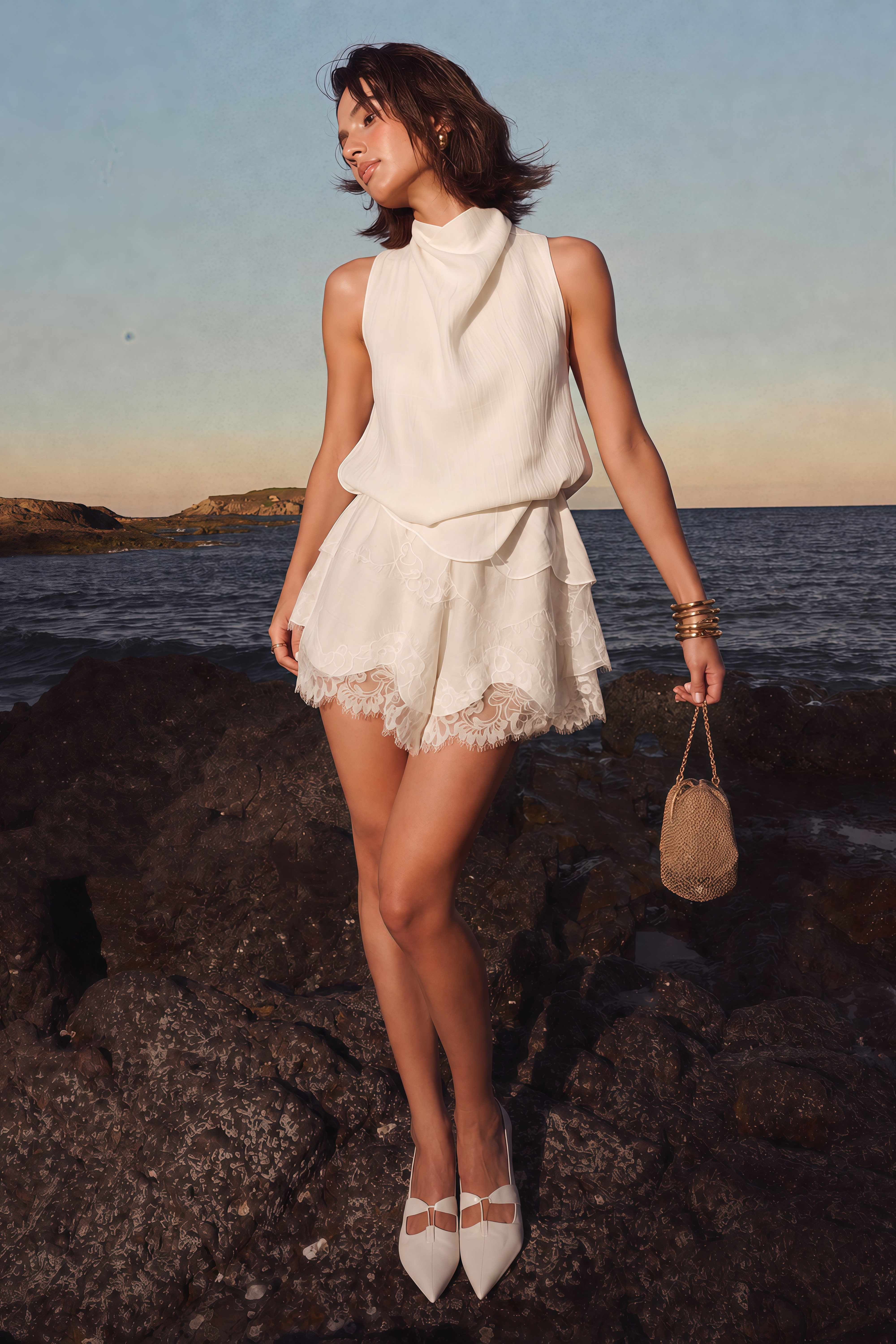 Marlowe Neutral High Neck Top & Lace Shorts Set