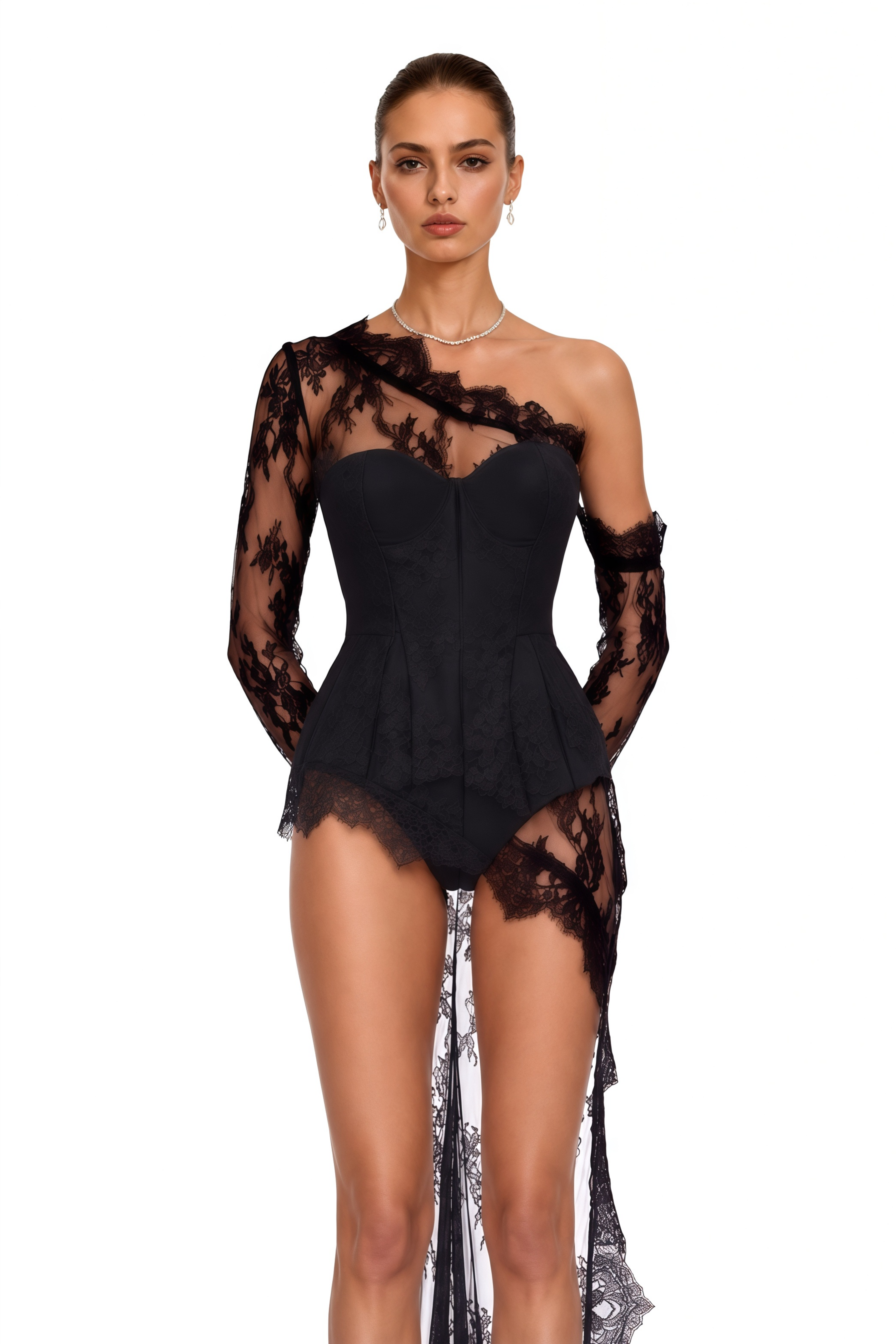 Marnie Black Lace Corset High-Low Mini Dress