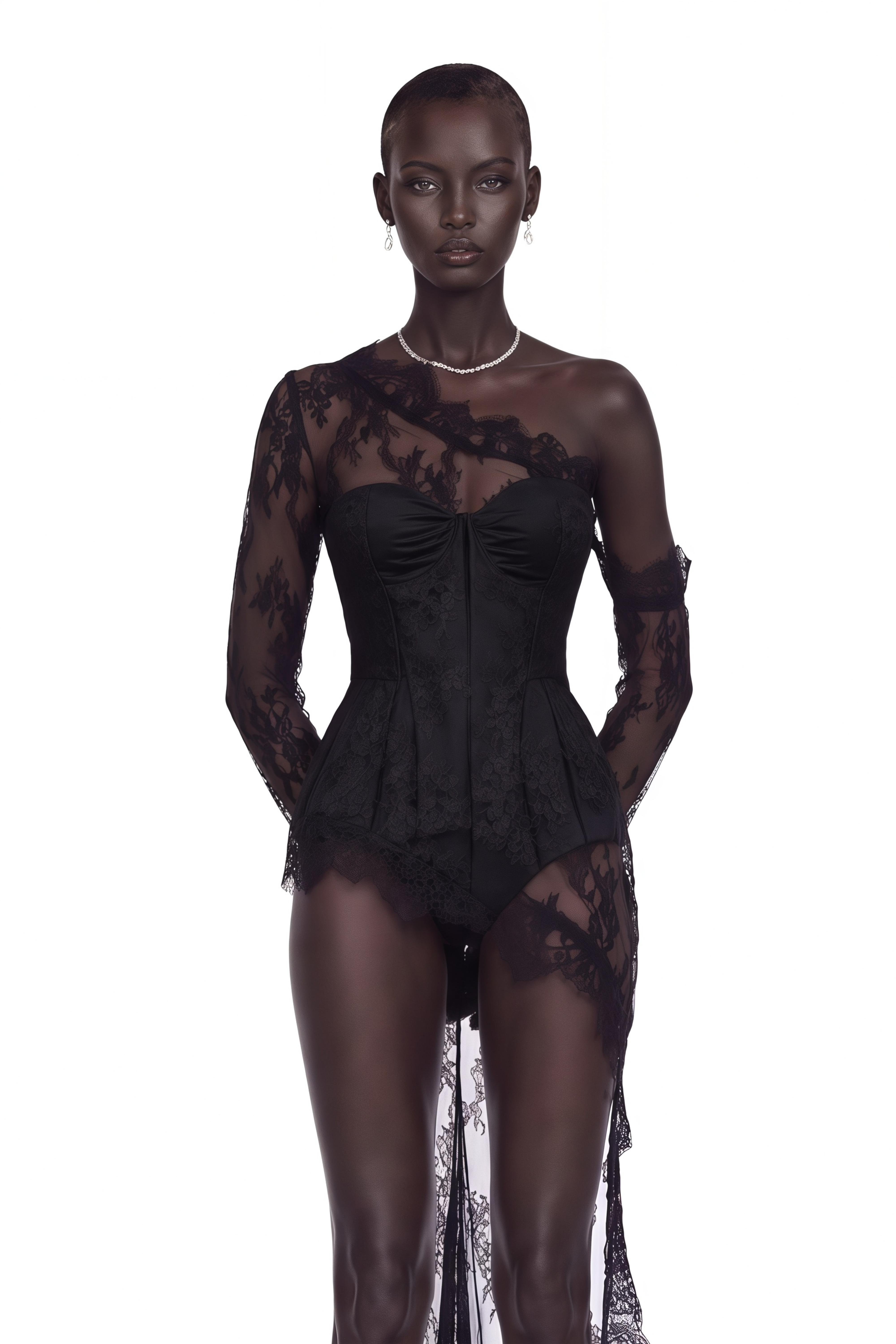 Marnie Black Lace One-Shoulder High-Low Mini Dress