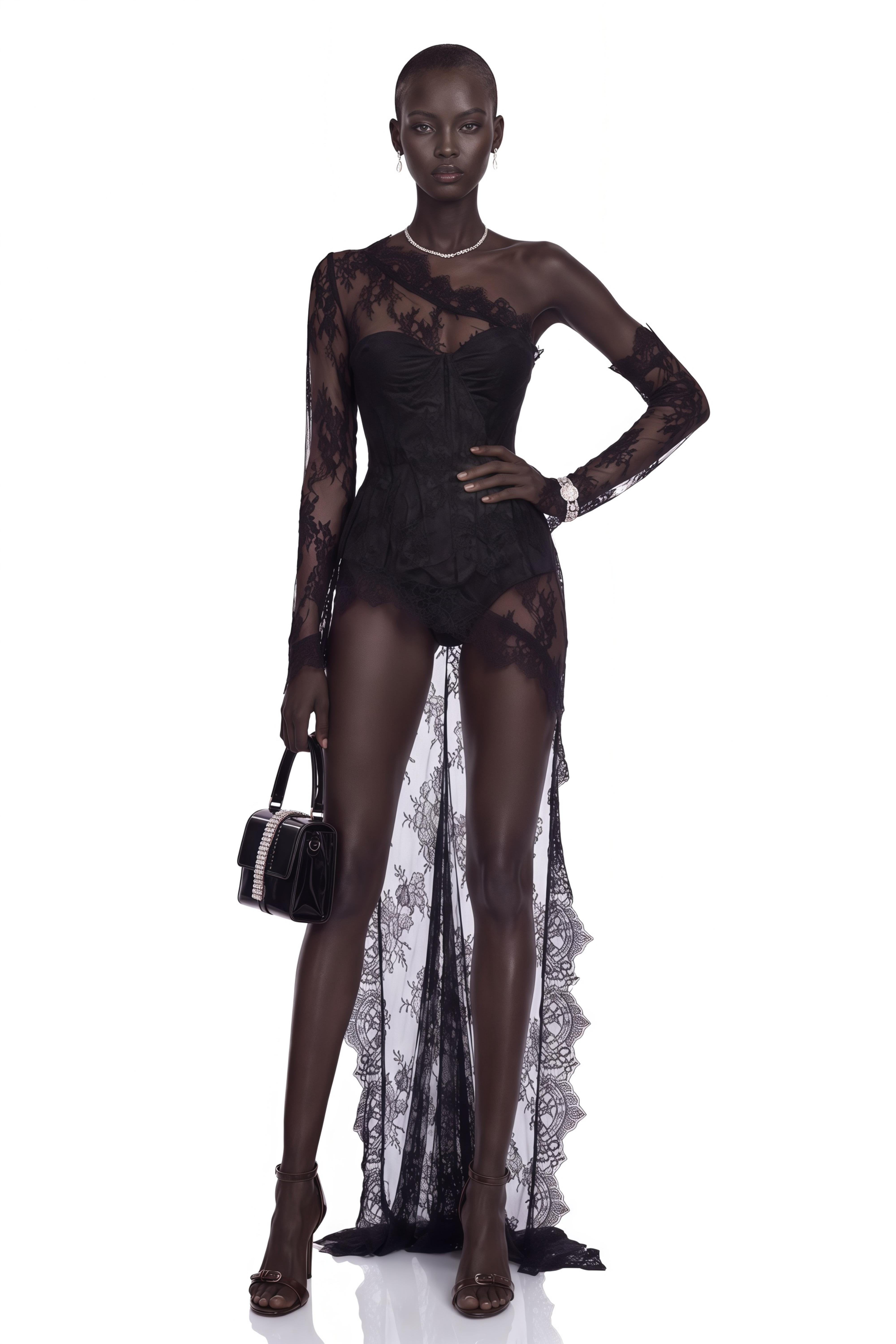 Marnie Black Lace One-Shoulder High-Low Mini Dress