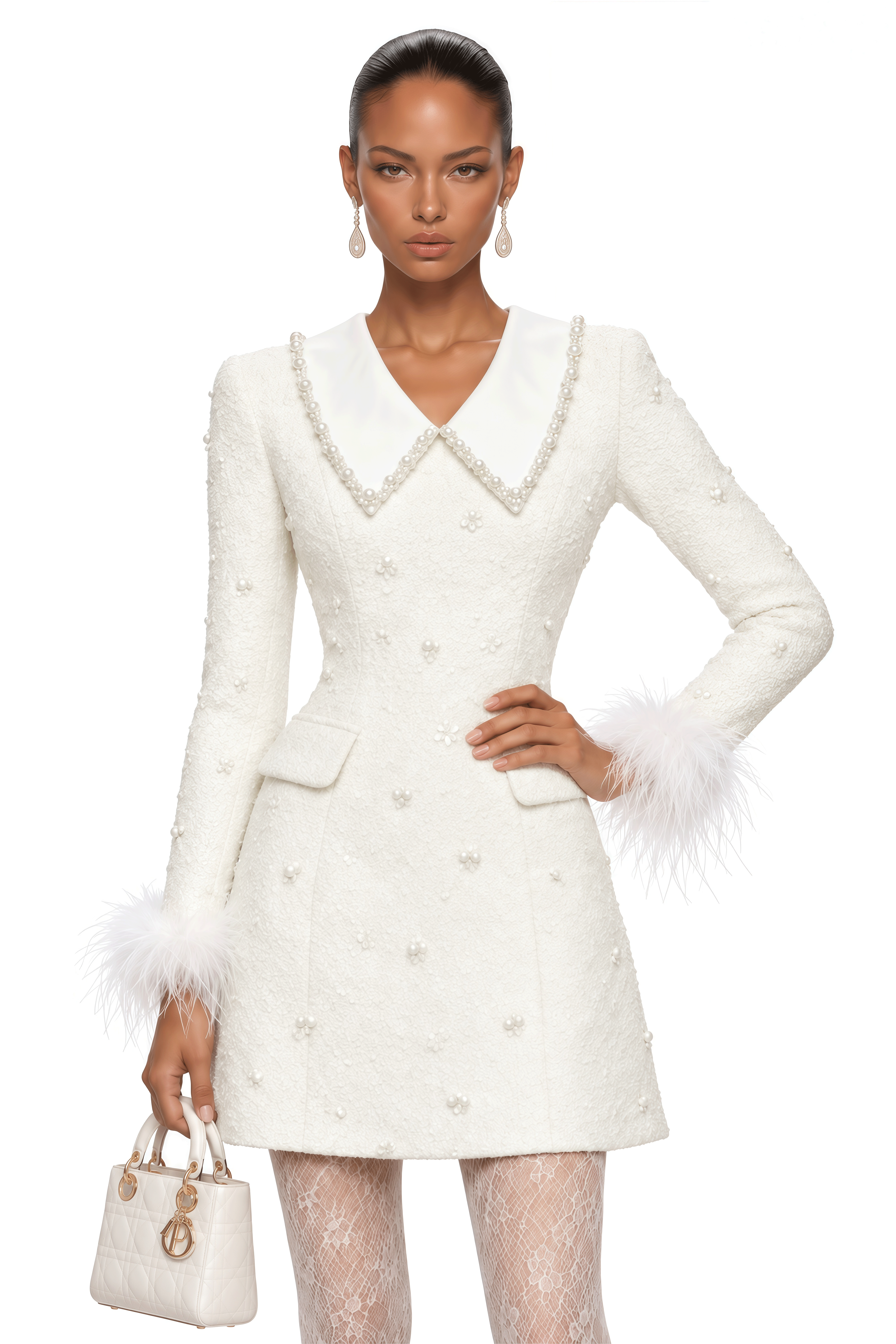 Marnie Ivory Pearl Collar Feather Cuff Mini Dress