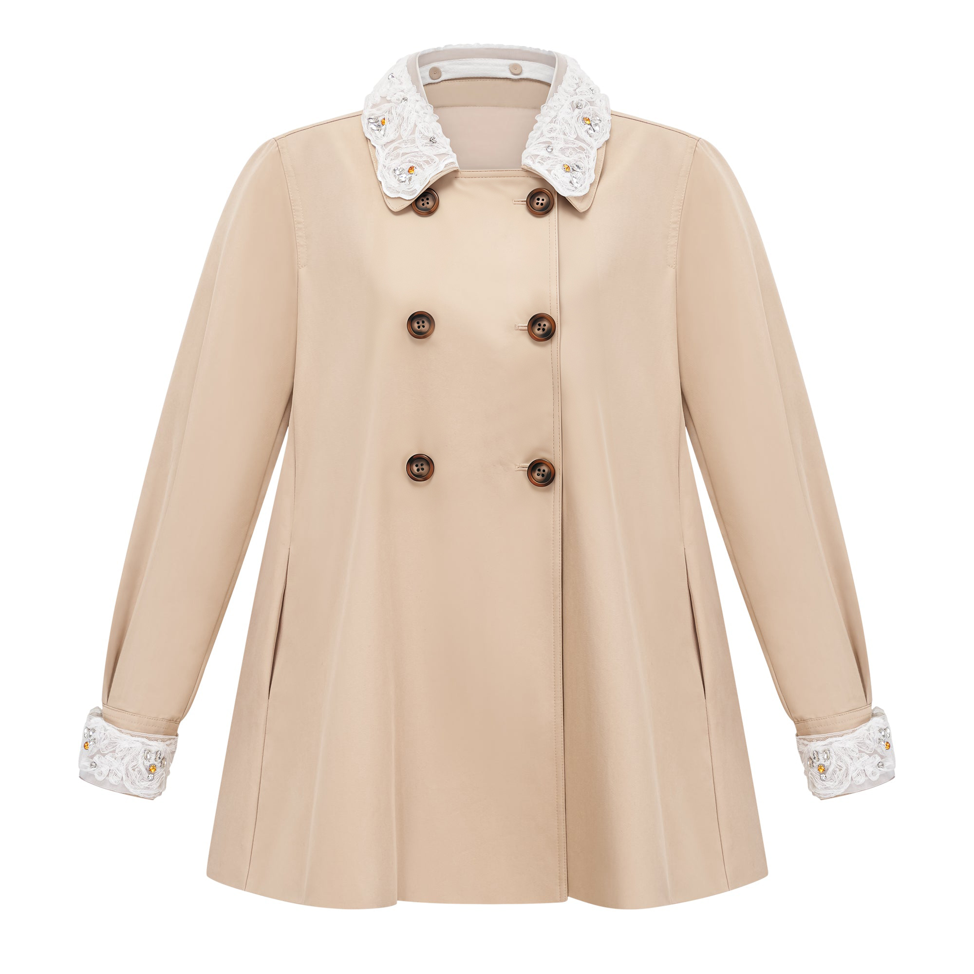 Marta Khaki Embellished Lace Trim Trench Coat