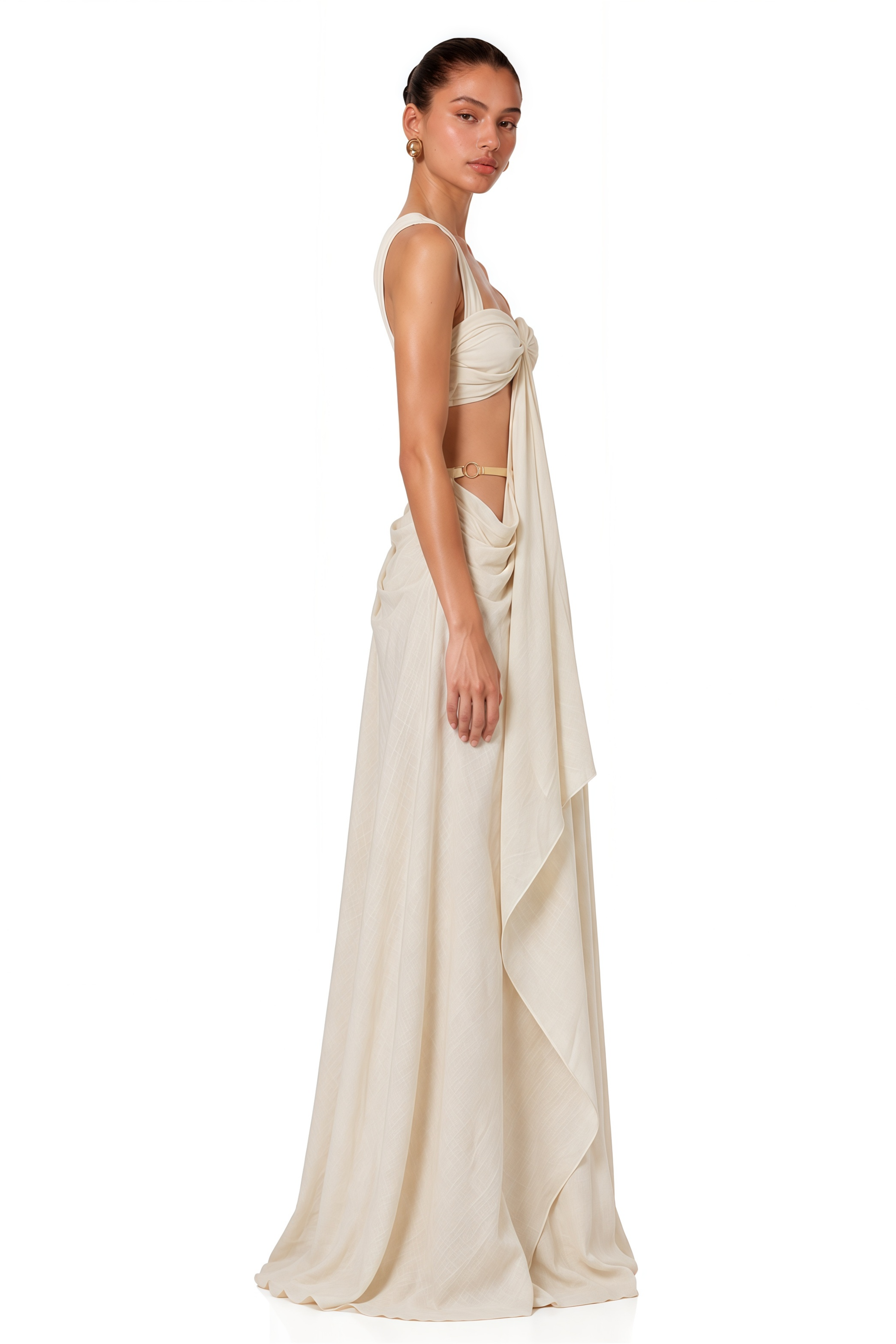 Martha Beige Cut-Out Draped Slit Maxi Dress