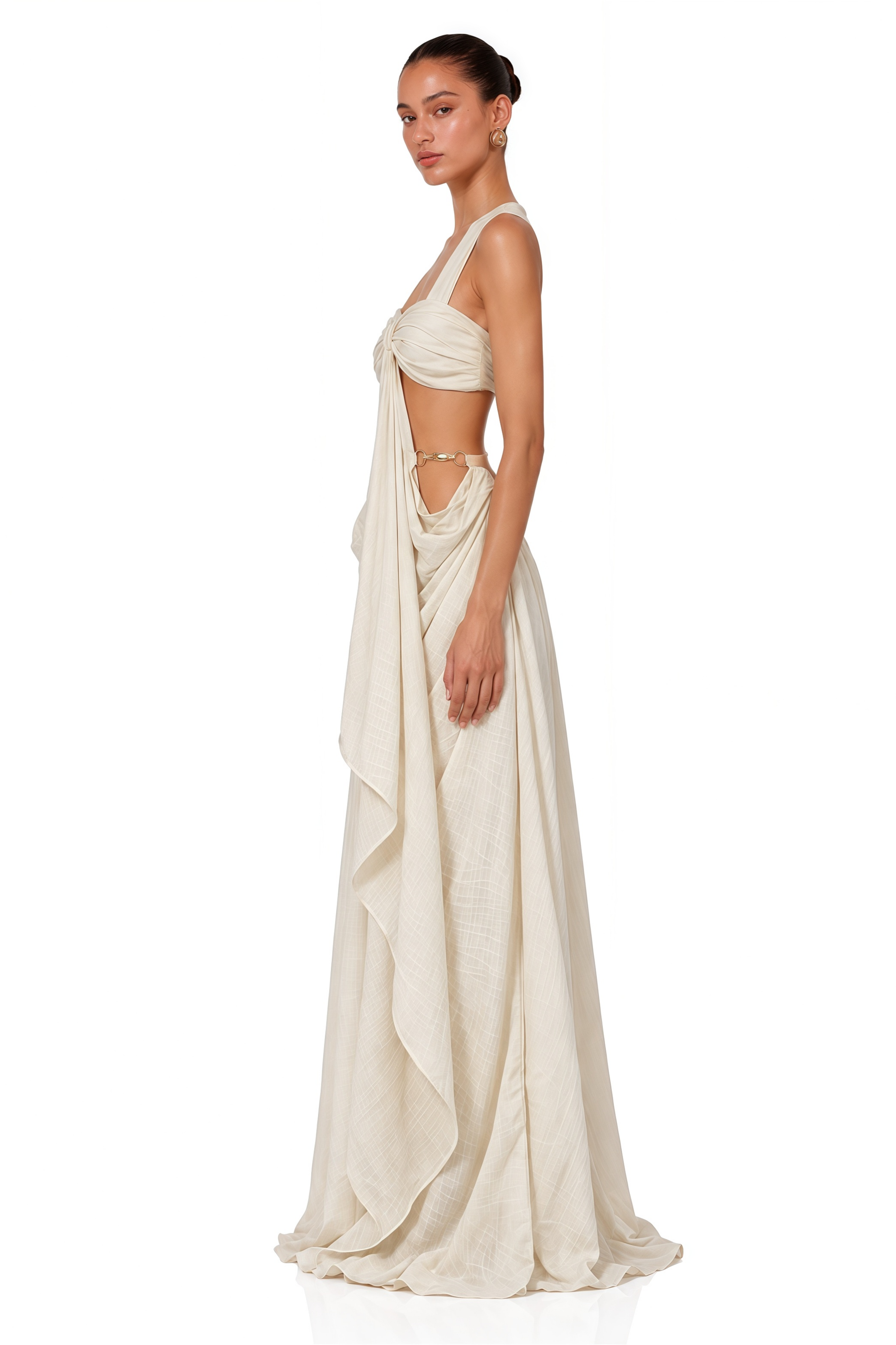 Martha Beige Cut-Out Draped Slit Maxi Dress