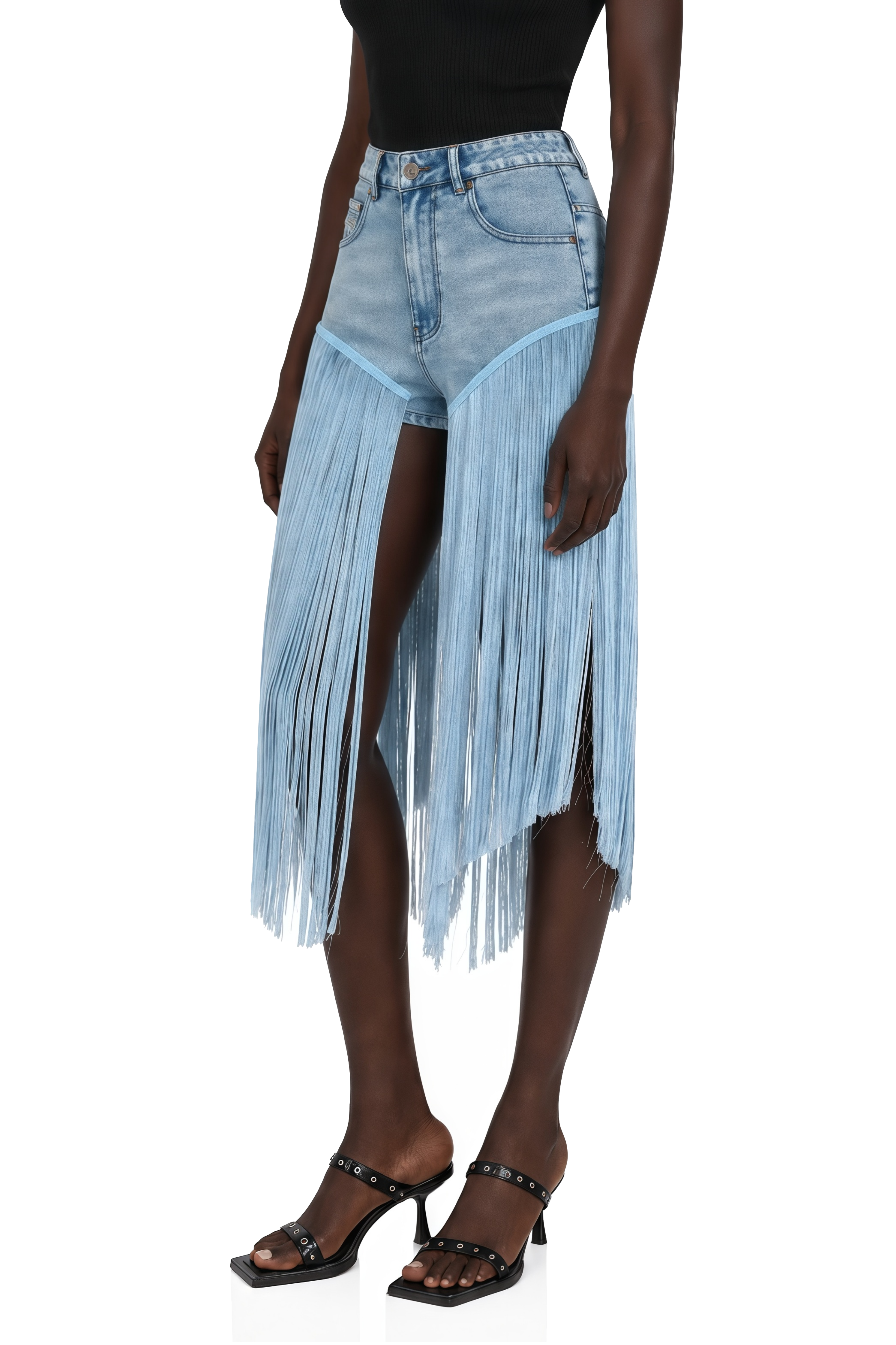 Martina Blue Fringed Panel Denim Shorts