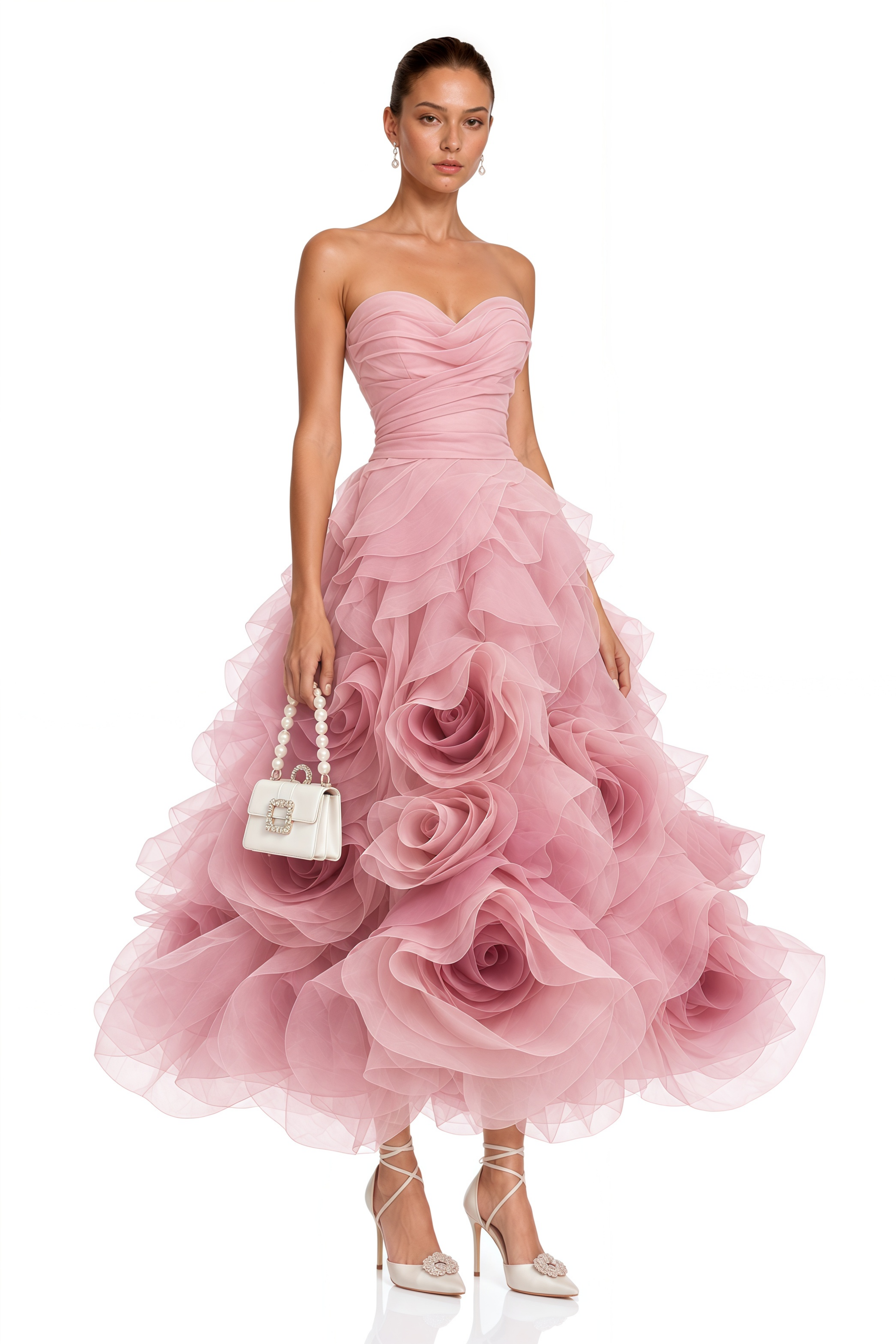 Marwa Pink 3D Floral Ruffled Tulle Midi Dress